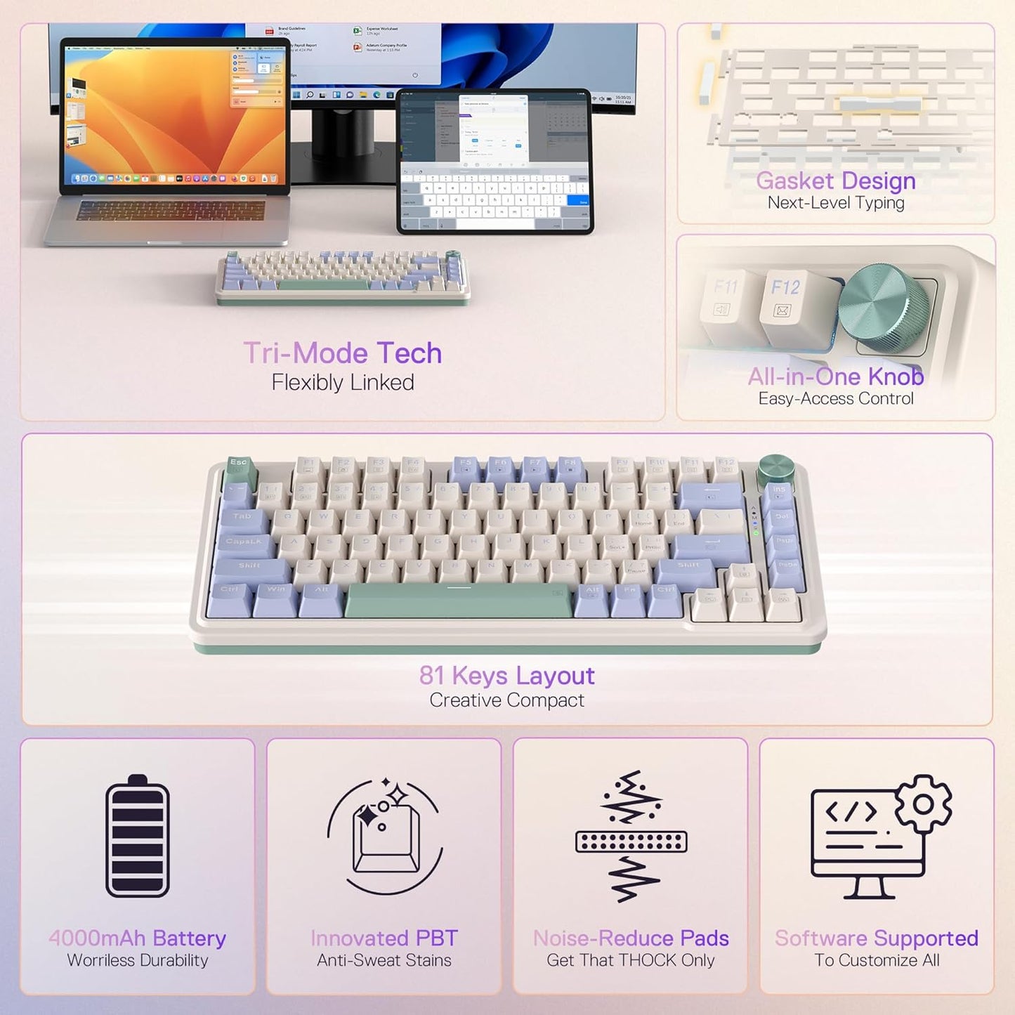 Redragon K673 PRO 75% Wireless Gasket RGB Gaming Keyboard, 3-Modes 81 Keys Compact Mechanical Keyboard w/Hot-Swap Socket, Dedicated Knob Control & Sound Absorbing Pads, Linear Red Switch