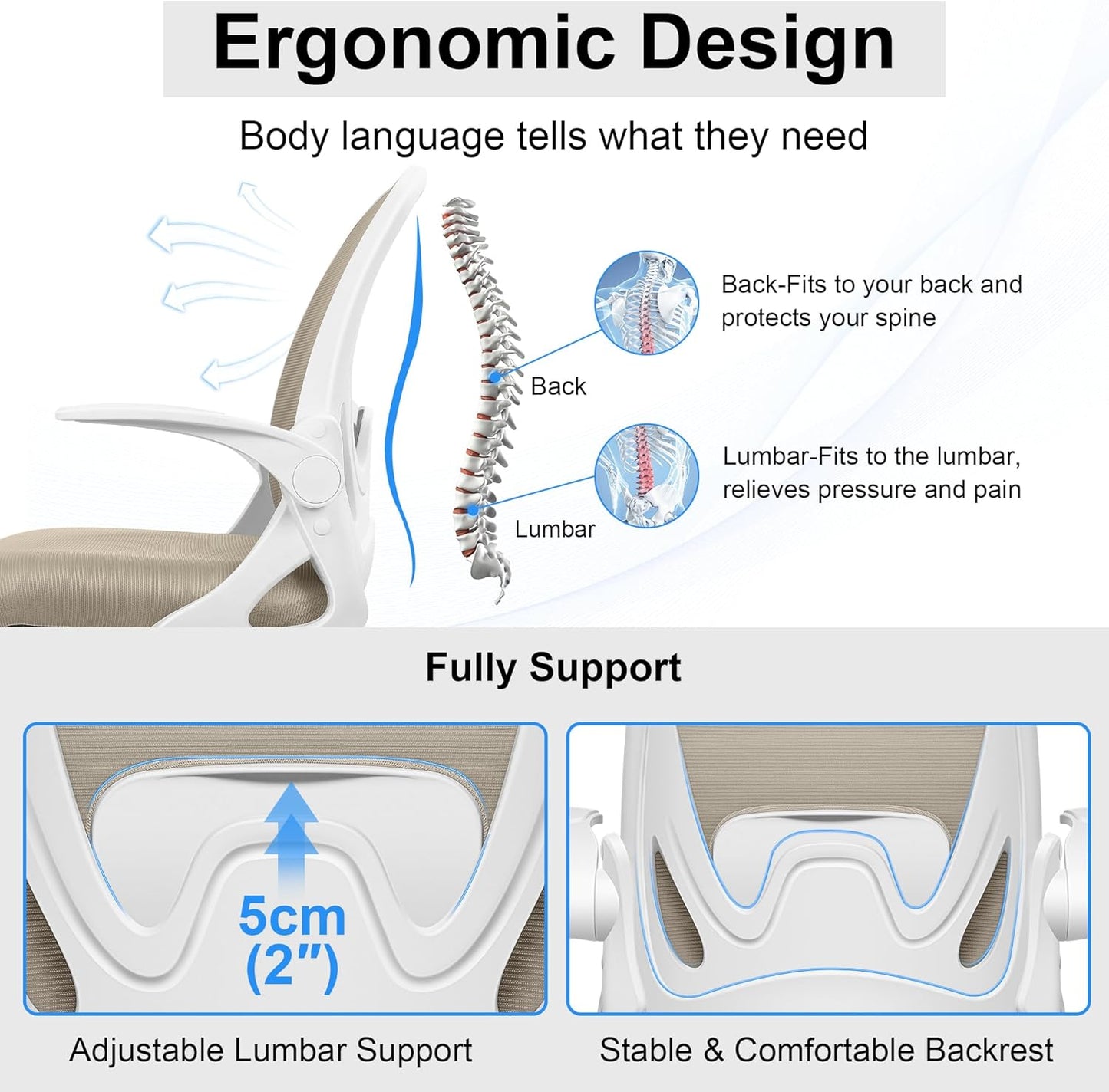 Drafting Chair Tall Office Chair with Flip-up Armrests, Adjustable Height, and Enhanced Lumbar Support - Ergonomic Rolling Stool, Back Support, and Adjustable Foot Rest Ring for Standing Desk Khaki