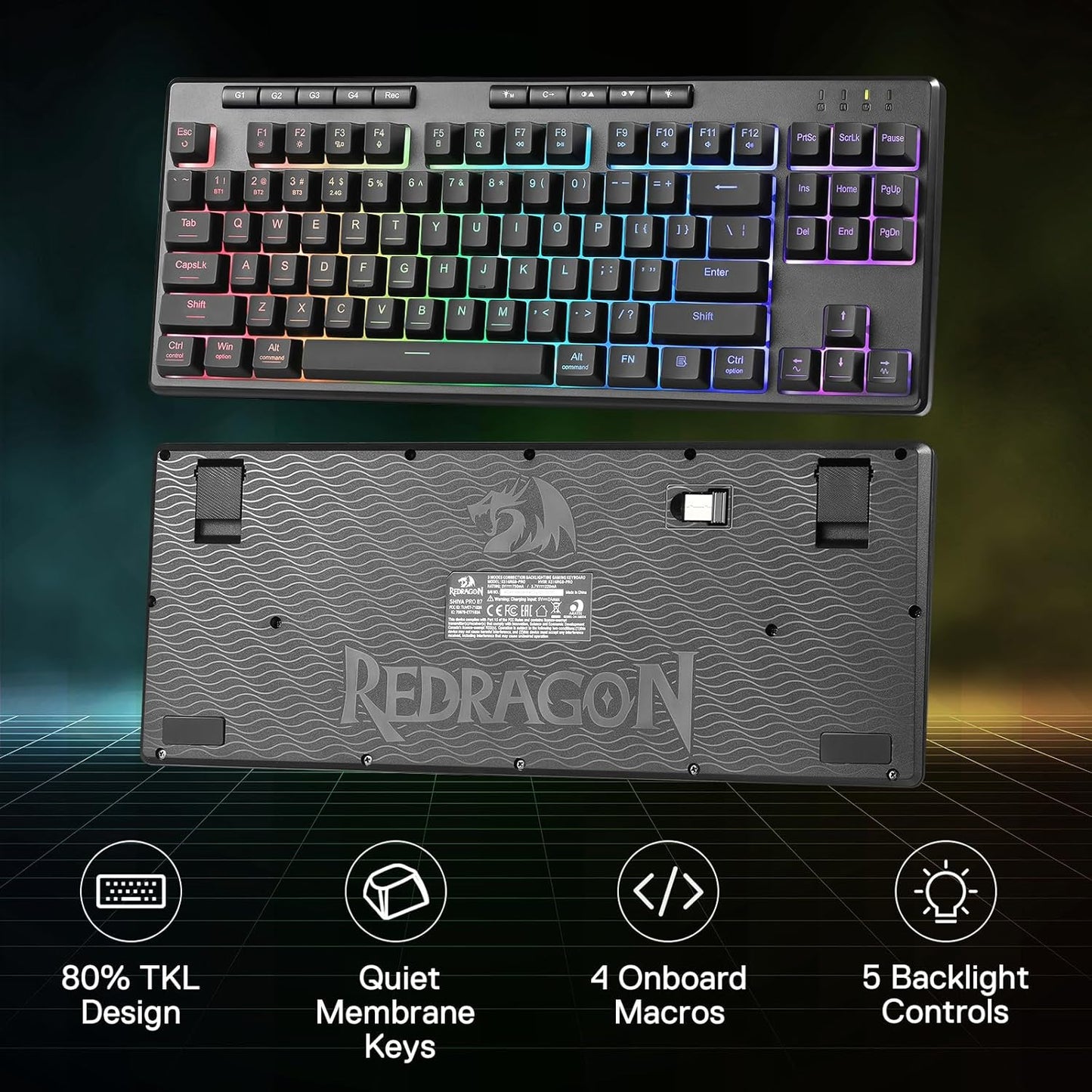 Redragon K516 PRO Shiva TKL RGB Wireless Membrane Gaming Keyboard, 87 Keys Mechanical-Feel Keyboard w/Smooth Linear Switch, On-Board Macro & Multimedia Keys, 16.8M RGB Backlit, Software Supported