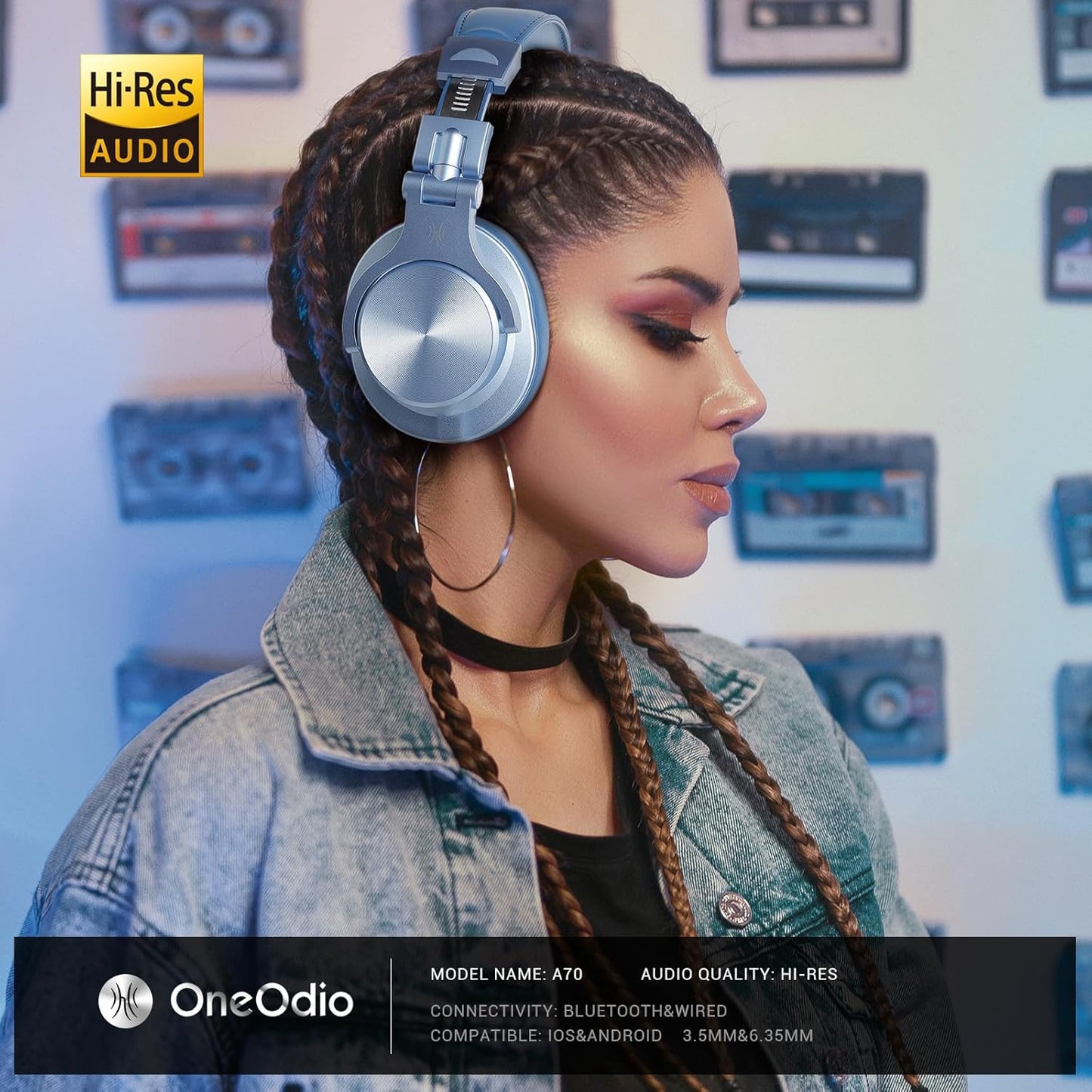 OneOdio A70 Bluetooth Over Ear Headphones, Wireless Headphones w/ 72H Playtime, Hi-Res, 3.5mm/6.35mm Wired Audio Jack for Studio Monitor & Mixing DJ Guitar AMP, Computer Laptop PC Tablet - Sky Blue