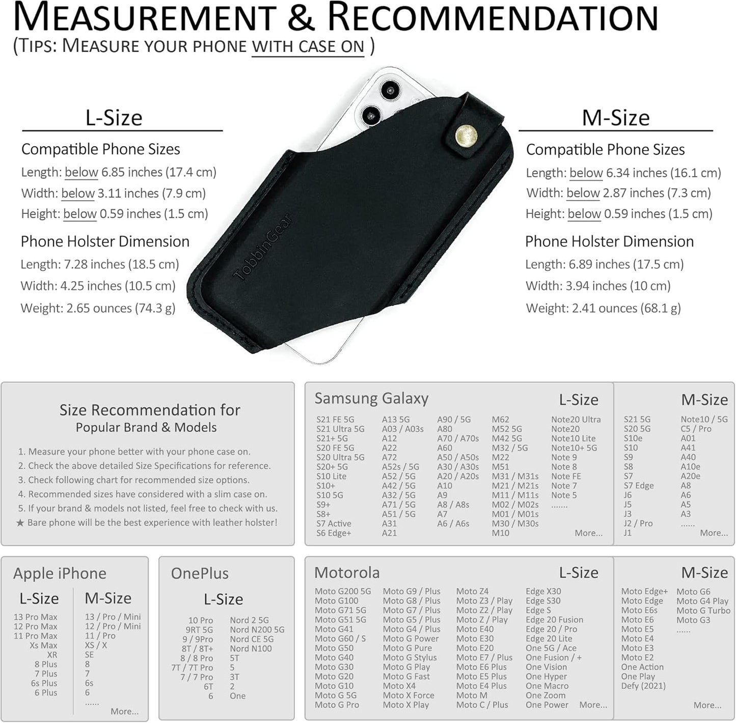 TobbinGear Leather Cell Phone Holster with Belt Clip, Universal Phone Holster for Men Belt Holder, Leather Case for iPhone, Samsung Galaxy Phones, Black, Large