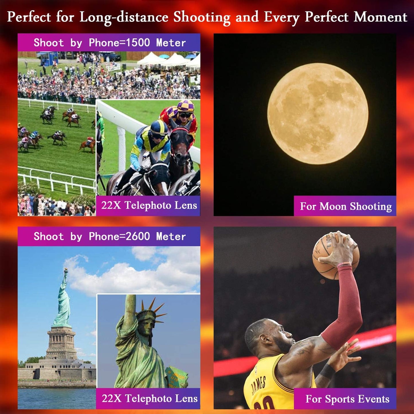 Phone Camera Lens Kit 10 in 1 for iPhone Samsung Pixel Android, 22X Telephoto Lens, 0.62X Super Wide Angle Lens&25X Macro Lens, 235° Fisheye,Kaleidoscopes, Starlight，Tripod，for Most Smartphone Black