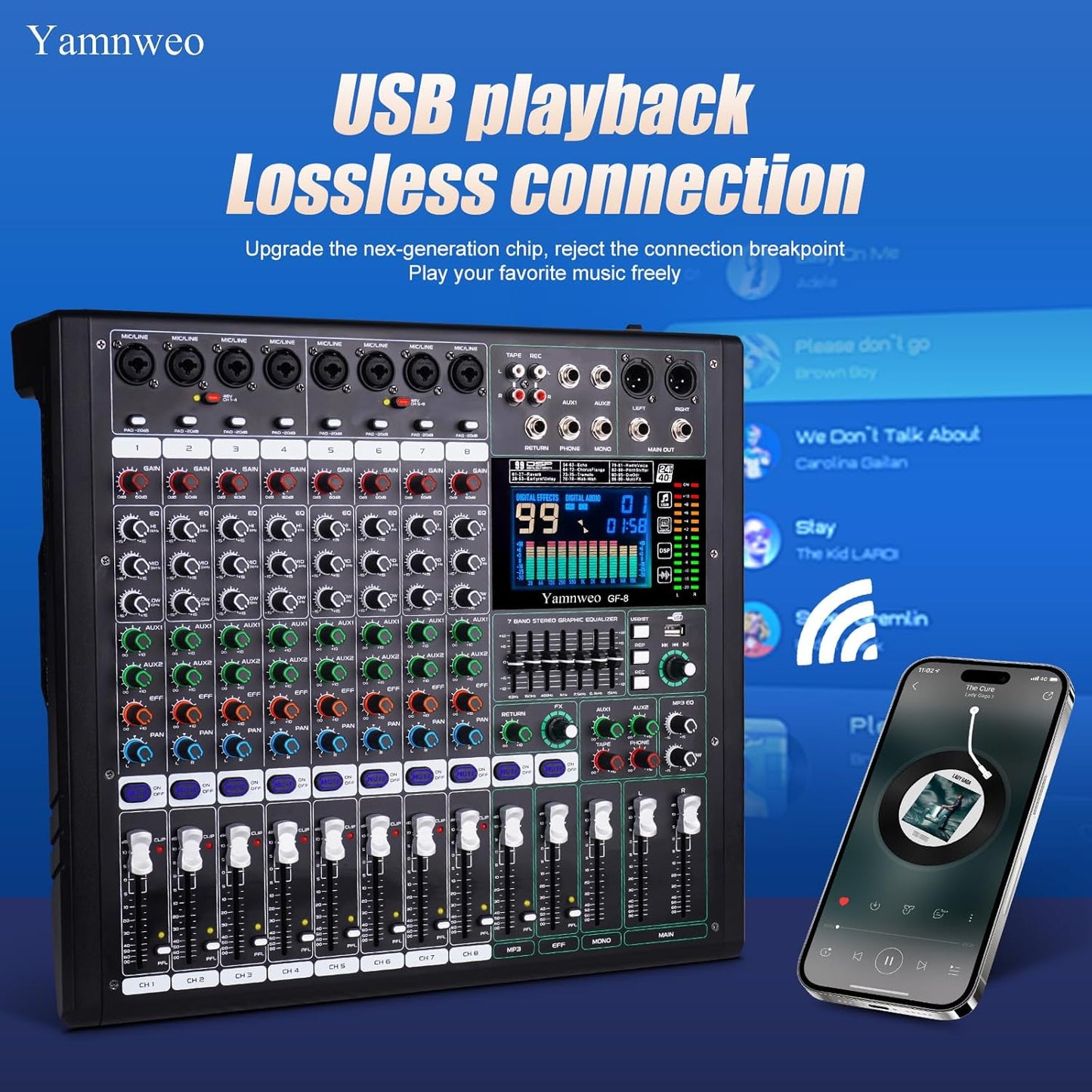 GF8 Pro Multi-Function 8-Channel Bluetooth DJ Sound Console - 7 Stage Equalizer, 99 Sound Effects, Independent Mute for Stage, Karaoke Live