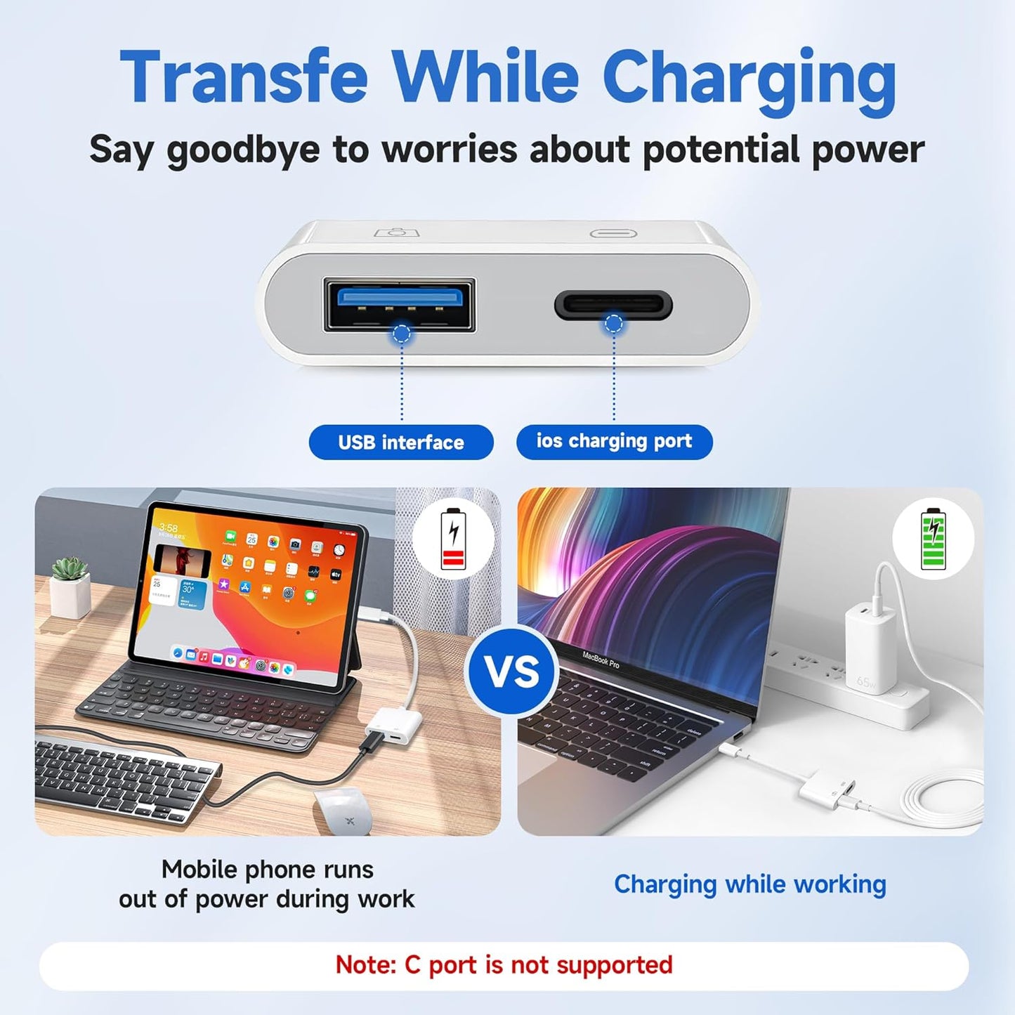 [Apple MFi Certified] Lightning to USB Camera Adapter with Charging Port, Portable USB3.0 Female OTG Cable Adapter for Select iPhone, iPad Models, Support Card Reader, USB Flash Drive, Keyboard, Mice