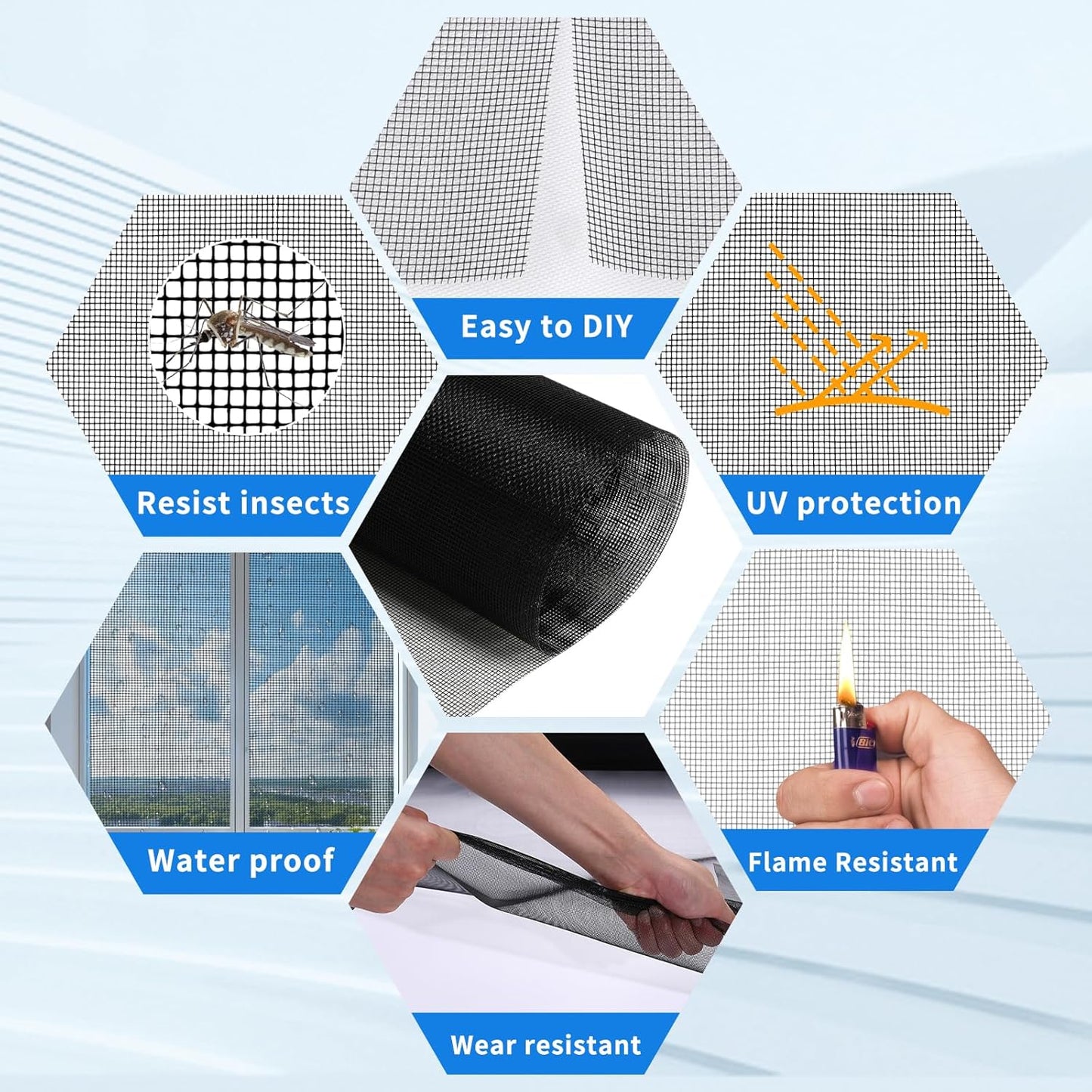 Window Screen Repair Kit, 48"x118" Screen Door Mesh Replacement Kit, Durable Fiberglass Black Window Screen kit with Tools, Rolling, Hook, Spline, Clips for Windows Doors Patio and Porch