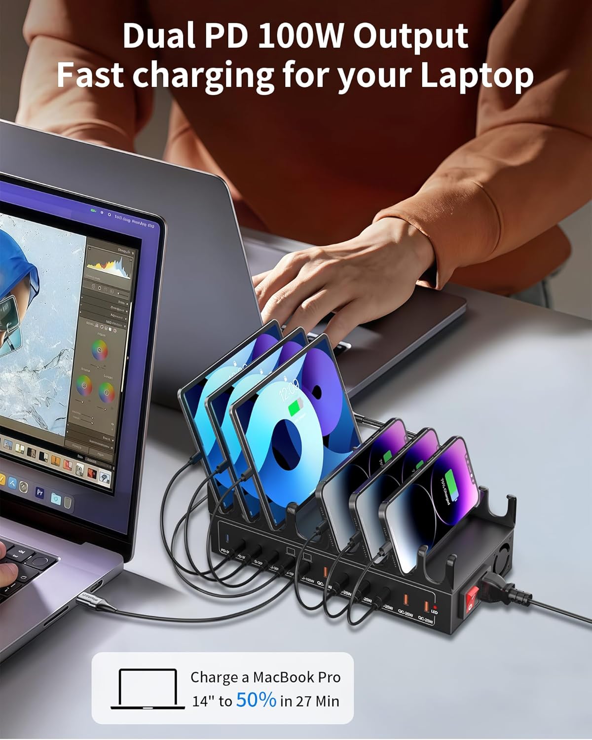 470W Charging Station for Multiple Devices, 12-Port USB C Charging Station with Double 100W PD PPS Port, Multi Device Fast Charger Dock for MacBook Pro Laptop, iPhone, iPad, Tablet, Android Cell Phone