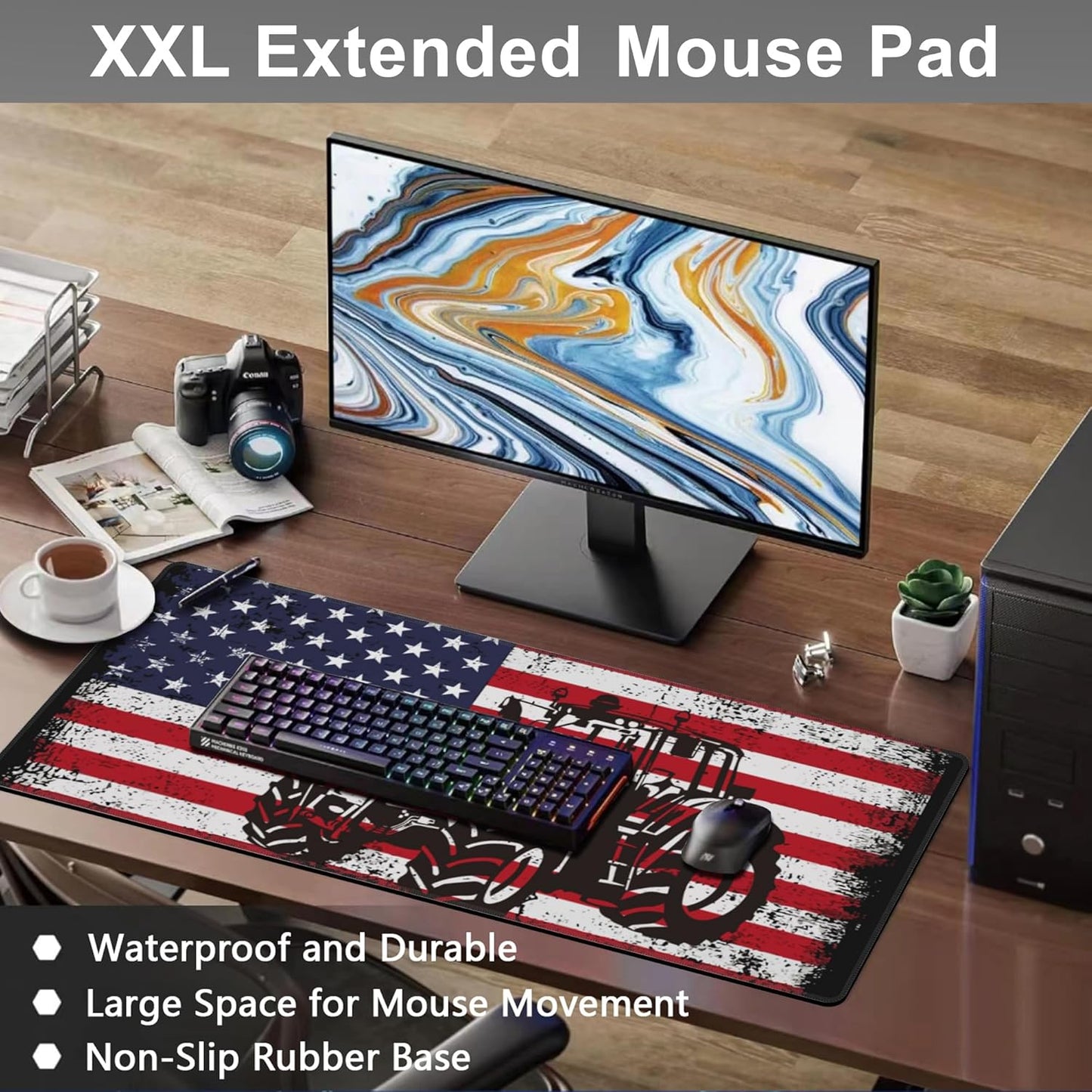 Mouse Pad, Large Vintage USA Flag with Tractor Desk Mat, Extended Non-Slip Gaming Keyboard Mousepad Desk Pad, Thick Stitched Edges Waterproof Mouse Mat 31.5"x15.7" (Retro American Flag)