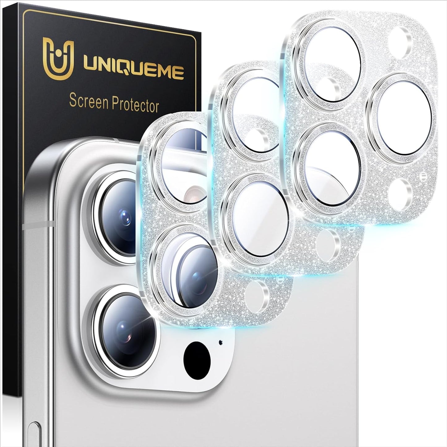 UniqueMe for 3 Pack iPhone 15 Pro/iPhone 15 Pro Max Camera Lens Protector, [Drop Protection] [Case Friendly] Camera Cover Screen [Update New Version] - Intergrated Glitter Silver