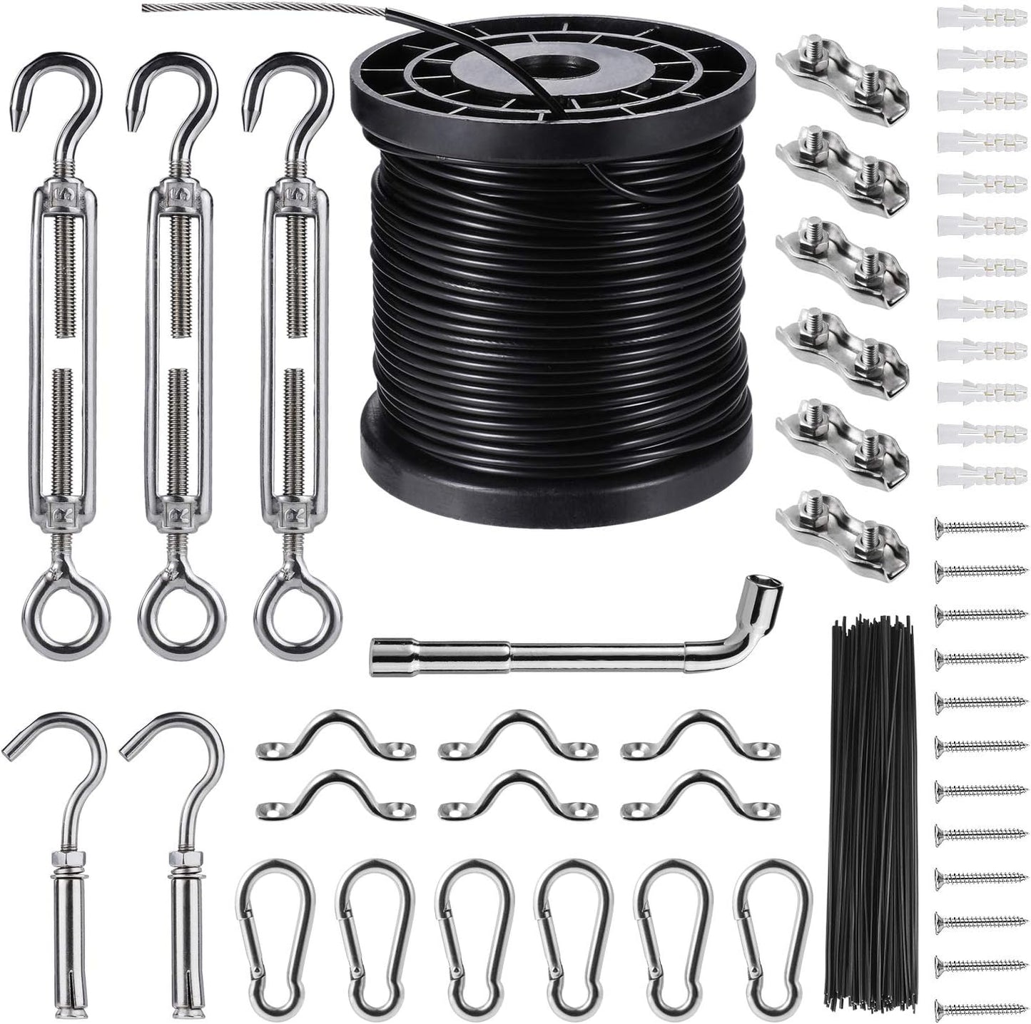 String Lights Hanging Kit,Globe String Lights Suspension Kit,Outdoor Light Guide Wire,Includ 164 FT Nylon-Coated Stainless Steel Wire Rope Cable,Turnbuckle and Hooks,Enough Accessories,Use Manual