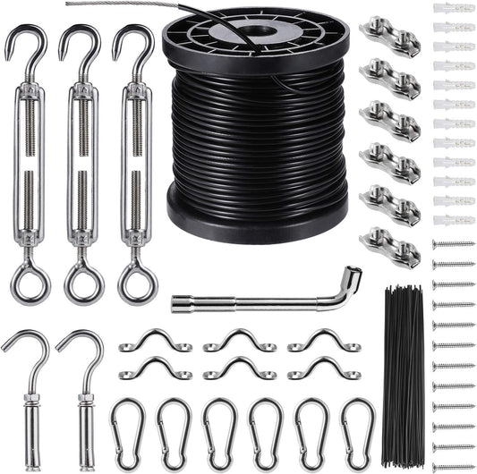 String Lights Hanging Kit,Globe String Lights Suspension Kit,Outdoor Light Guide Wire,Includ 164 FT Nylon-Coated Stainless Steel Wire Rope Cable,Turnbuckle and Hooks,Enough Accessories,Use Manual
