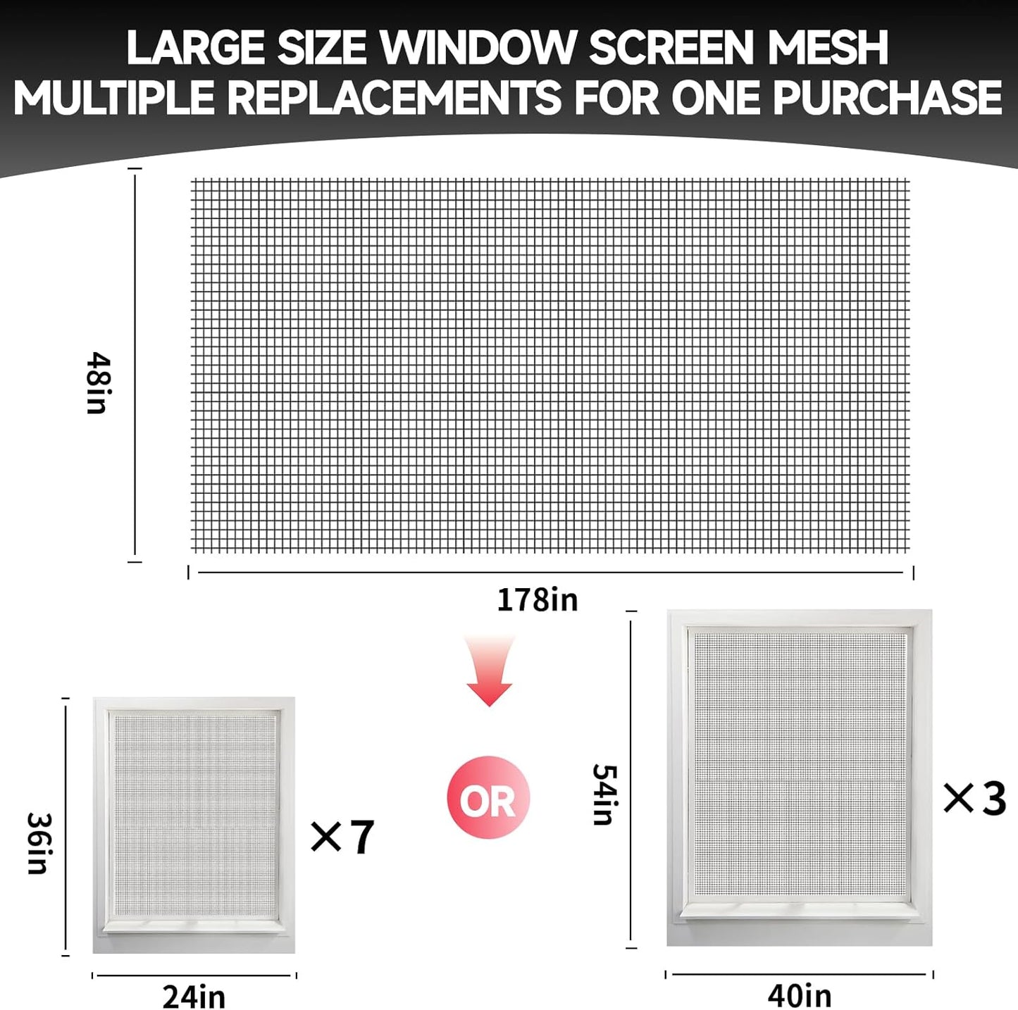 Window Screen Door Repair/Replacement Kit,48" x178" Adjustable Durable Fiberglass Window Screen Mesh,with Spline/Roller/Hook/Clips Screen Door Repair Kit,DIY Window,Porch Sliding Door(Black)