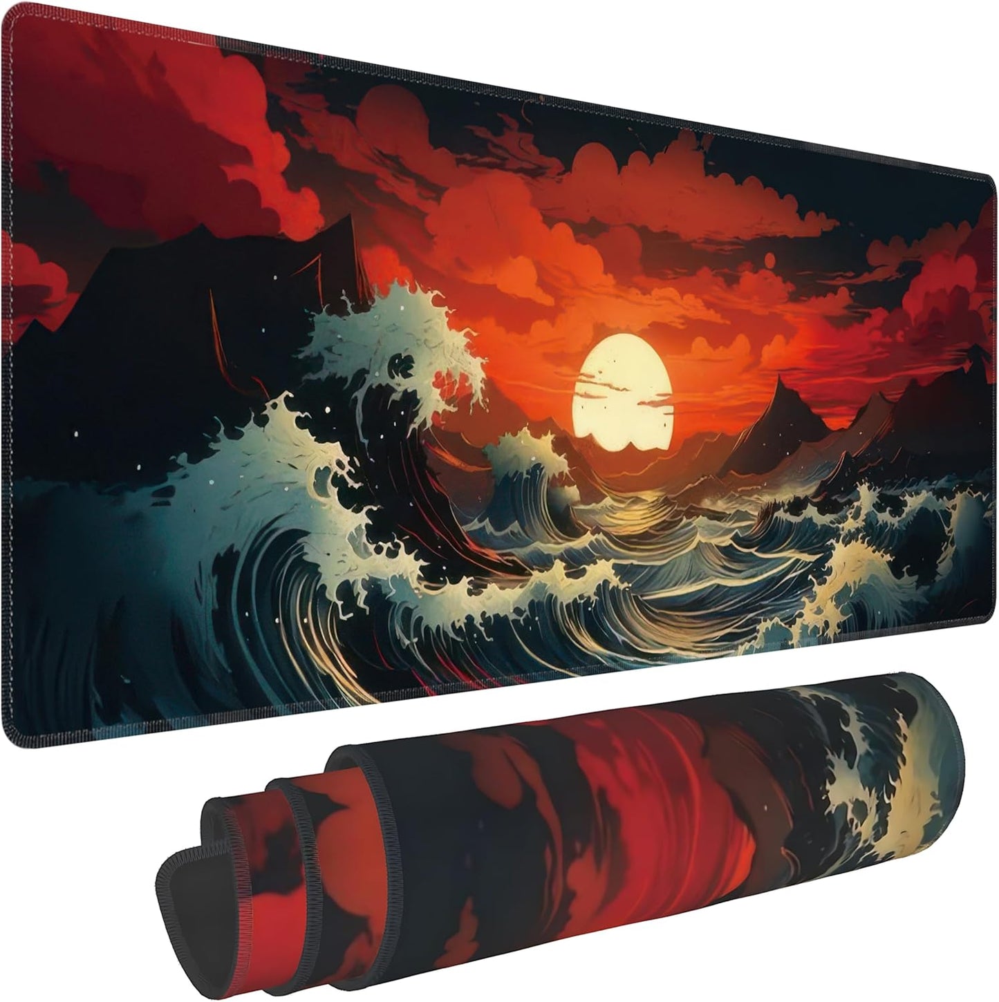 Japanese Sea Wave Large Mouse Pad,Gaming Keyboard Desk Pad,Extended Mouse Mat Non-Slip Rubber Base with Stitched Edges for Office Game Home XL 31.5"x11.8"