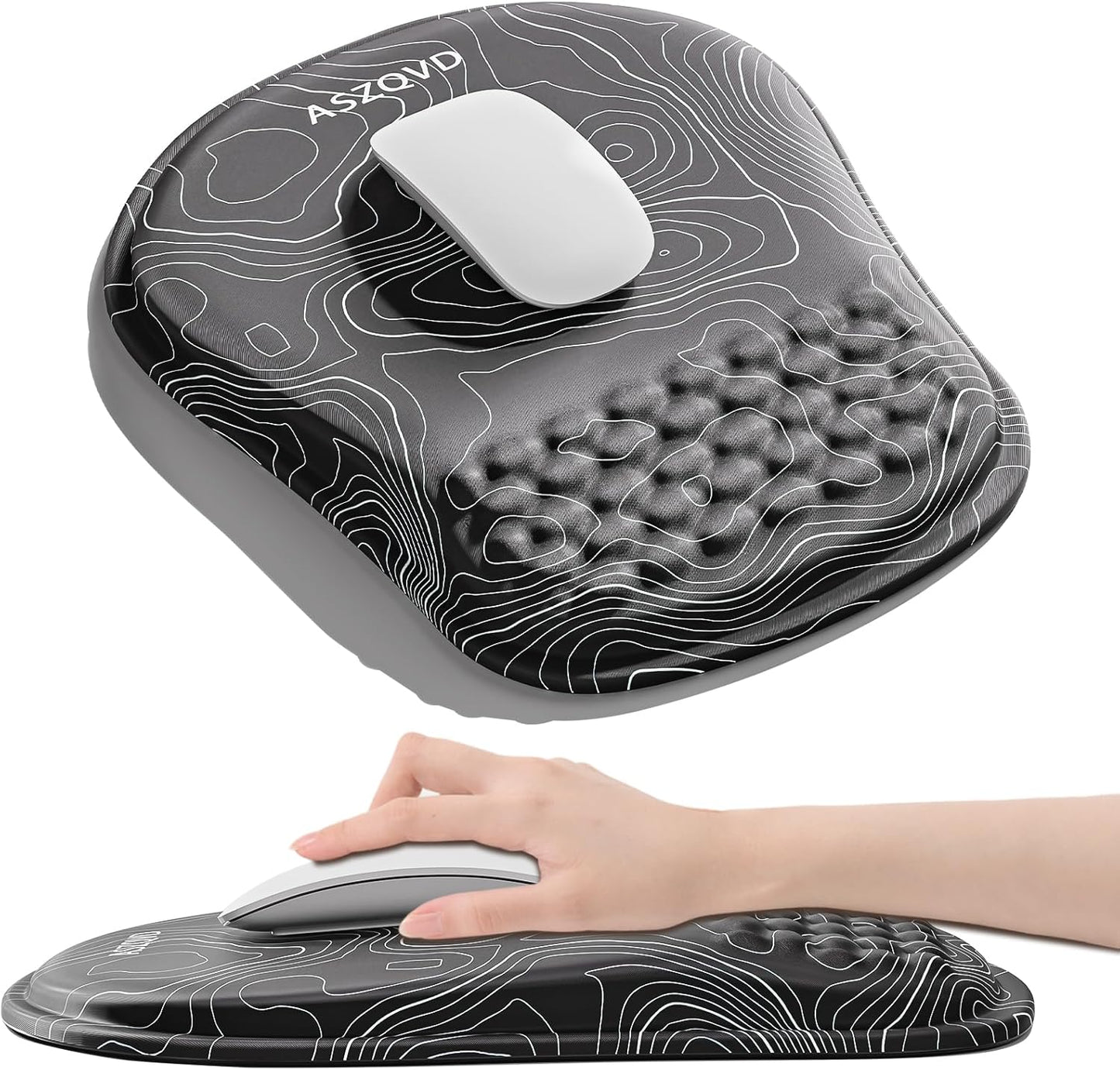 Mouse Pad with Wrist Rest, Ergonomic Mousepads with Wrist Support, Soft Lycra Fabric Memory Foam Office Desk Accessories for Comfort/Pain Relief/PC Gaming/Computer/Laptop (Black Topographic)