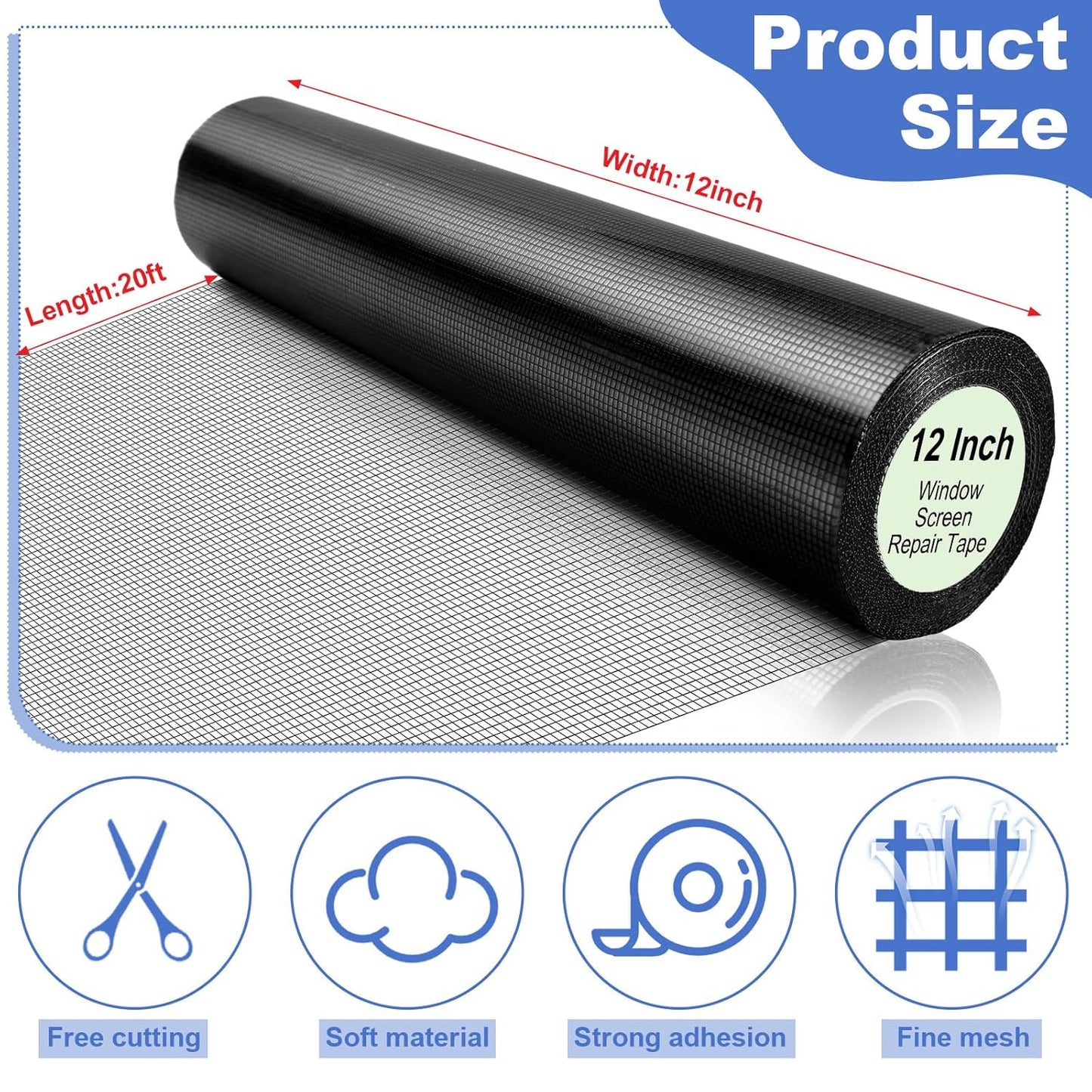 Extra Wide 12 inch x 20 ft Window Screen Tape Mesh Repair Strong Adhesive Waterproof Fiberglass Screen Repair Kit Patch for Window Door Tears Holes(Black)