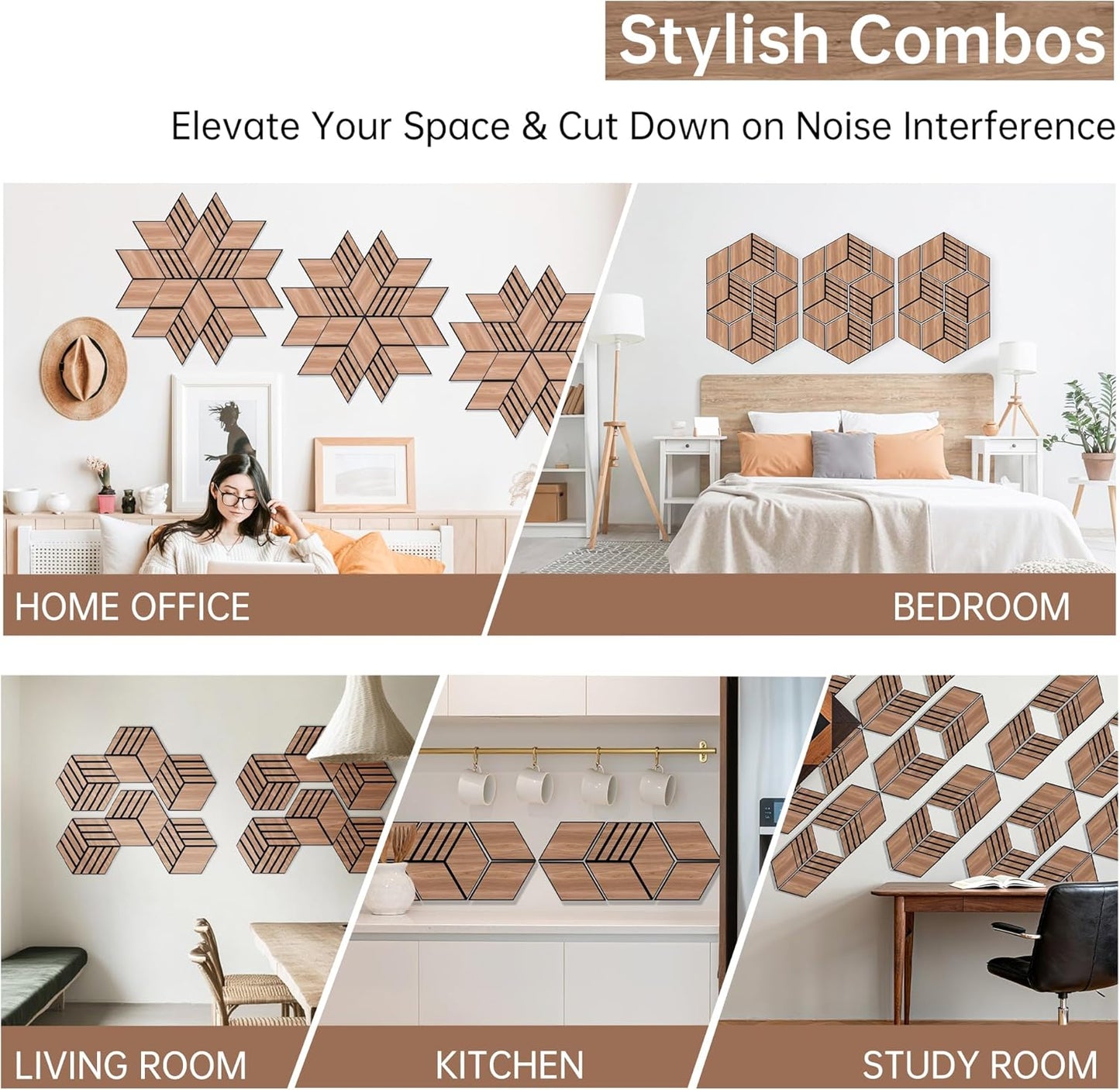 Mollywell Hexagon Acoustic Panels, Walnut TH4, 14x12x0.4 Inch, 12 Pack |Wood Veneer|High Density Sound Proofing Wall Panels|Self Adhesive Sound Dampening Felt Wall Tiles|Home Theater|Gaming Room|