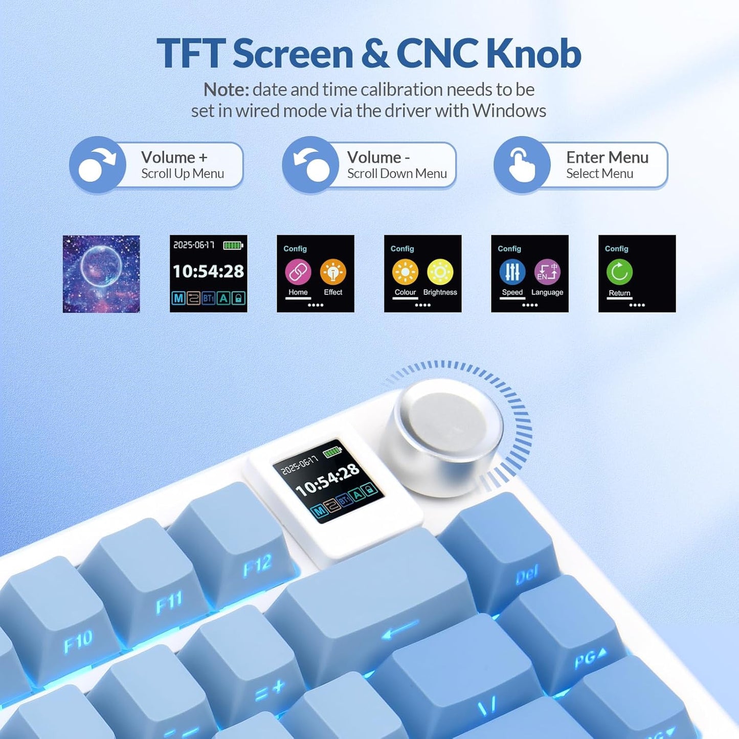 Rii RK805 Wireless Creamy Mechanical Keyboard with TFT Screen and Knob,75% Gasket-Mounted Gaming Keyboard with RGB Backlight,Tri-Mode BT/2.4G/USB-C,Hot Swappable,for Windows/Mac/Linux(Blue Gradient)