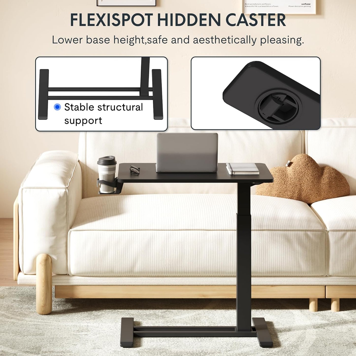 FLEXISPOT H7 Adjustable Overbed Bedside Table with Wheels Pneumatic Mobile Standing Desk Laptop Desk Rolling Computer Cart Movable Overbed Tables Hospital Home Use(27.6" W x 15.7" D, Black Table)