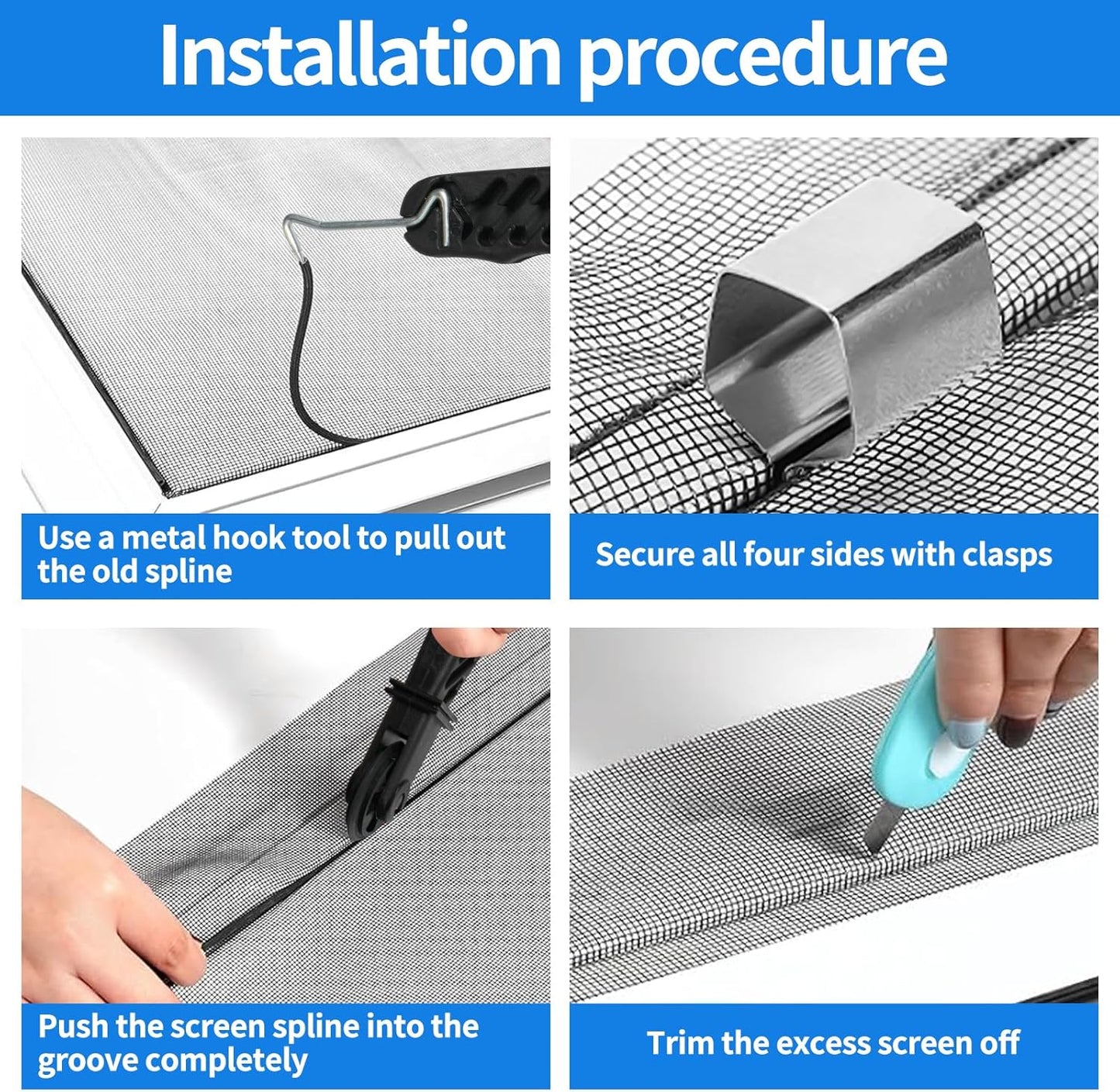 Window Screen Repair Kit, 48"x118" Screen Door Mesh Replacement Kit, Durable Fiberglass Black Window Screen kit with Tools, Rolling, Hook, Spline, Clips for Windows Doors Patio and Porch
