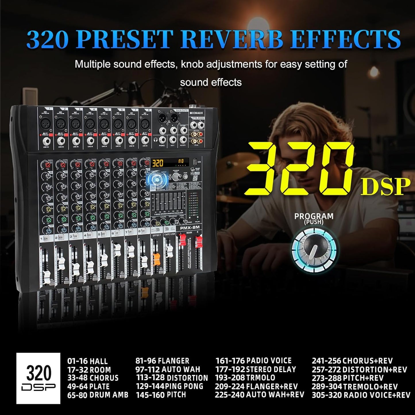 Audio Mixer 8 Channel Professional Mixer Console with 320 DSP Effects, 7-band EQ Sound Mixing Board Digital DJ Mixer w/USB Bluetooth MP3 for Recording, Independent 48V Power & Mute Button