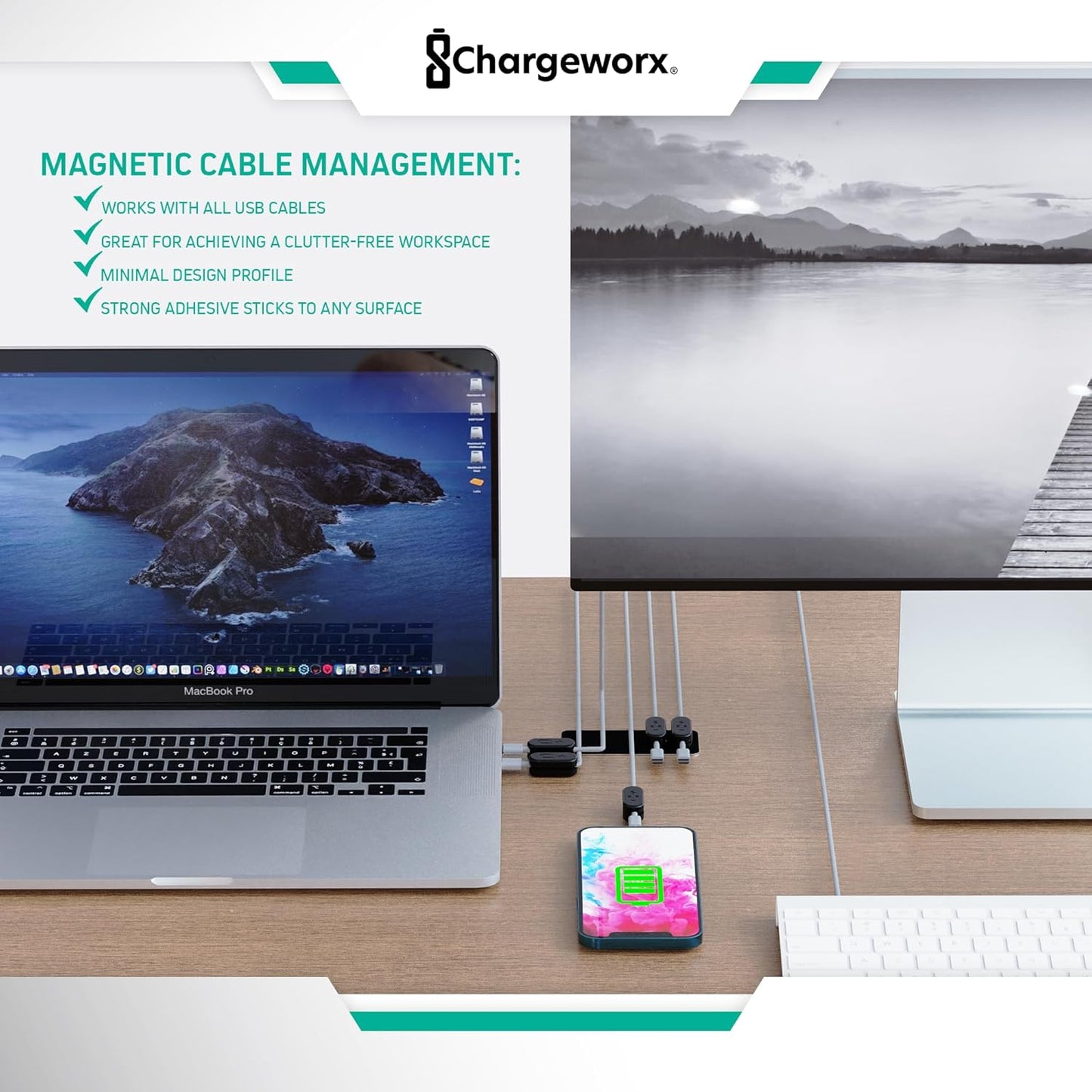 ChargeWorx Pack of 5 Magnetic Cable Clips, Cord Organizer for Office Desk, Nightstand, Car, or Wall, Adhesive Wire Holder for USB-C, Micro-USB, and Lightning Cables, Magnet Clips for Cable Management