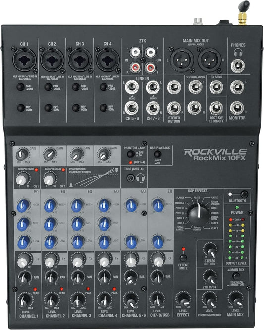 Rockville ROCKMIX 10FX 10-Channel Mixer, USB Recording Interface, Digital Effects, 3-Band EQ, Phantom Power, Bluetooth 5.0, for Home Studio, Podcast, and Live Performance