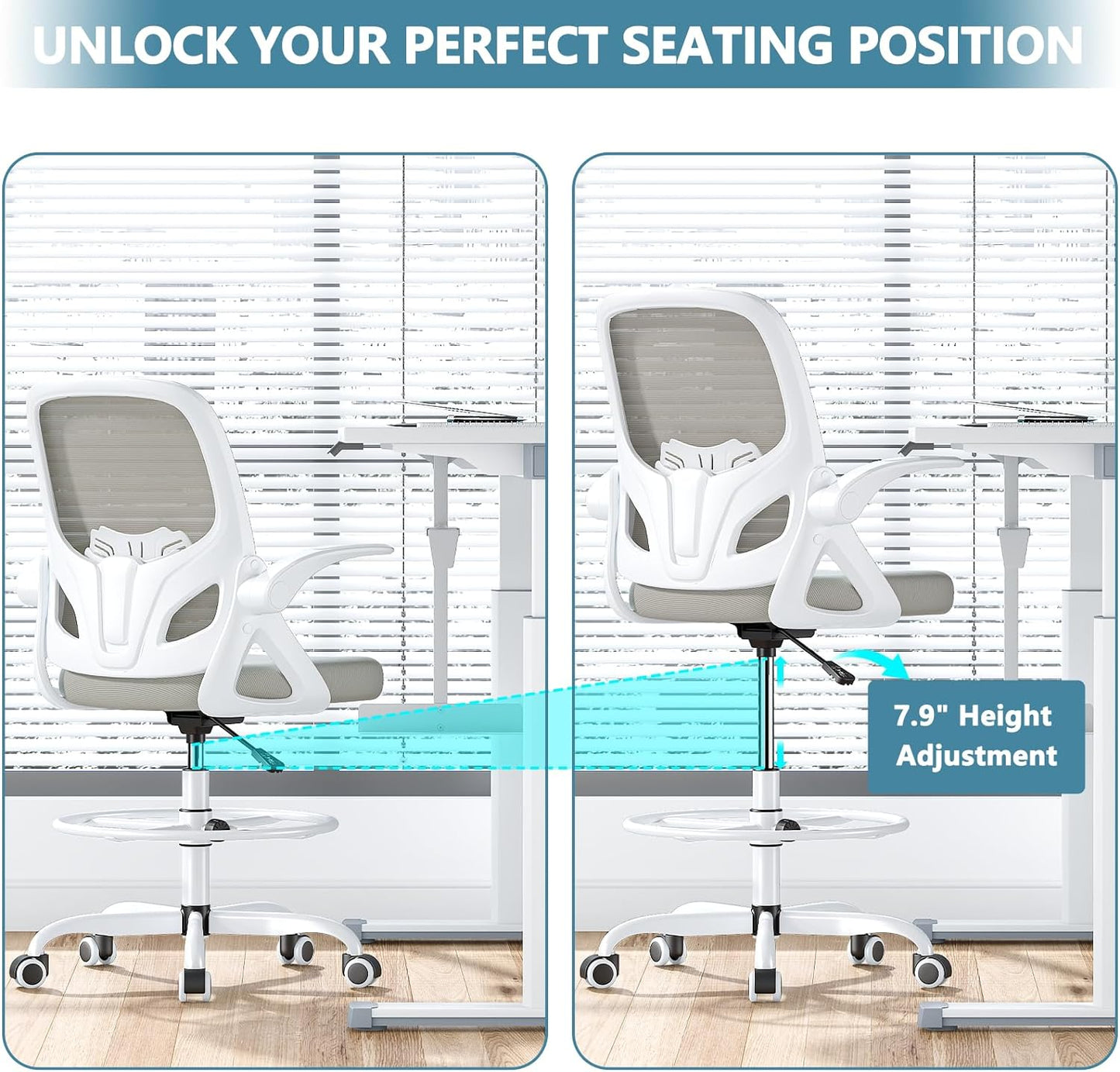Tall Drafting Chair with Footrest Ring for Home and Work, Ergonomic Home Desk Office Chair with Flip up Arms and Lumbar Support, Extended Height Executive Desk Office Chair(Gray)