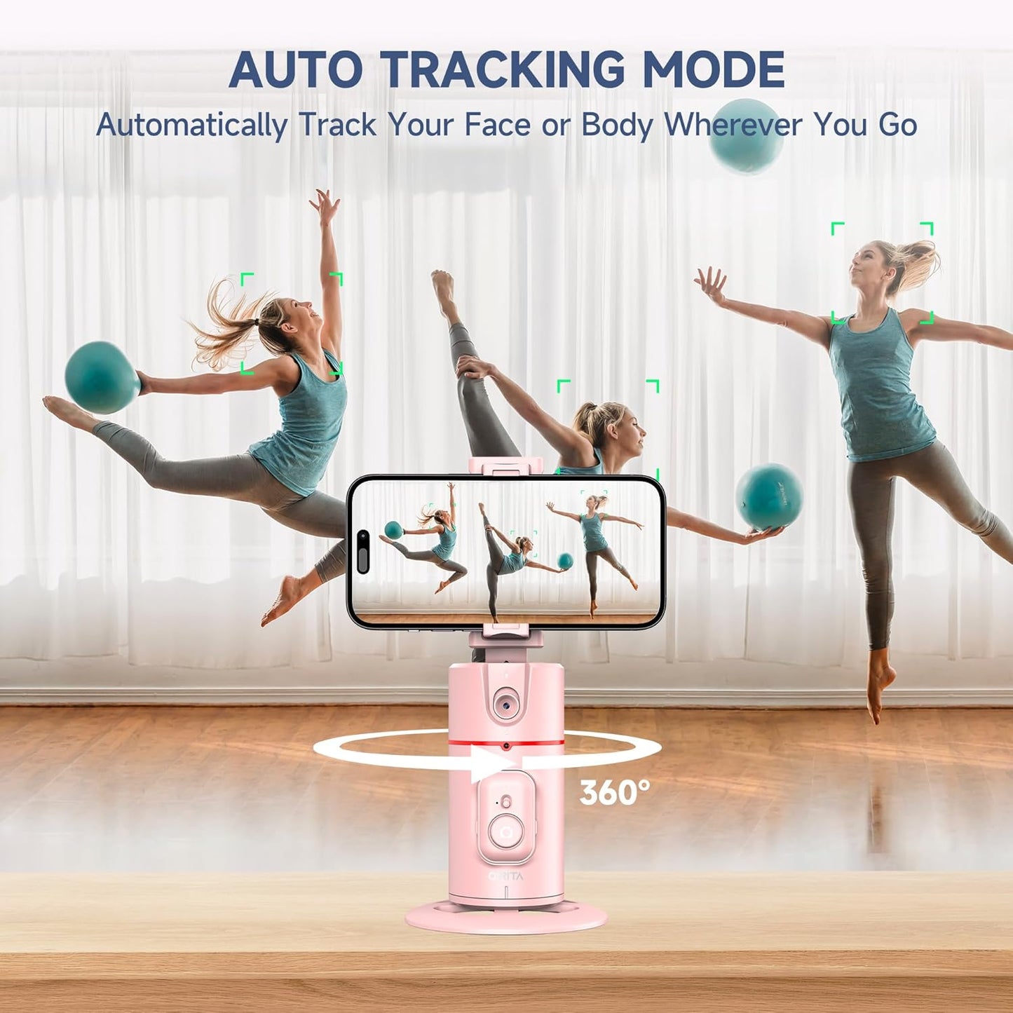 Auto Face Tracking Phone Holder, Gesture Control & Remote, Face Tracking Tripod 360 Rotation Body Phone Camera Mount Smart Shooting Holder, iPhone Selfie Stick Tripod, Expandable Pole (Pink)