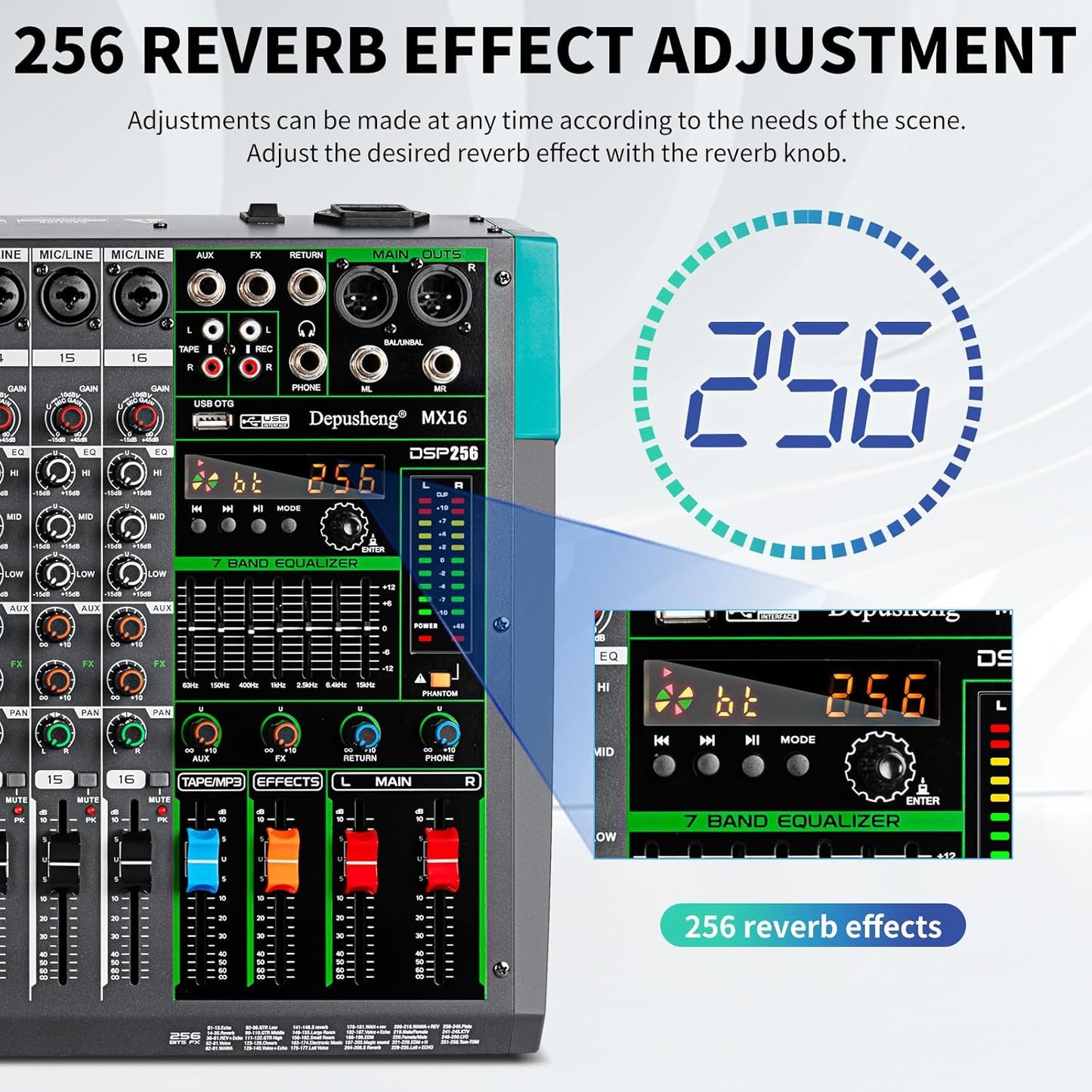 Depusheng MX16 16 Channel Sound Mixer Audio Mixing Console 48V 256DSP Professional USB PC Play Record Podcast Live Broadcast (US MX16)