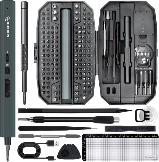 STREBITO Electric Screwdriver 155 in 1 Mini Electric Screwdriver Set, Max 5 N.m, 140 S2 Magnetic Bits, 3 Torque Settings, 650mAh Power Screwdriver Cordless Rechargeable, Repair Tool Kit for PC Phone