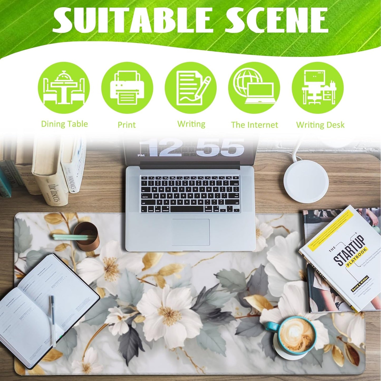 Desk Mat,White Gold Marble Desk Pad,White Flowers Golden Leaves Large Gaming Mouse Pad for Desk,Extended Big Computer Keyboard Mouse Pad with Non-Slip Base and Stitched Edge,35.4"x15.7"