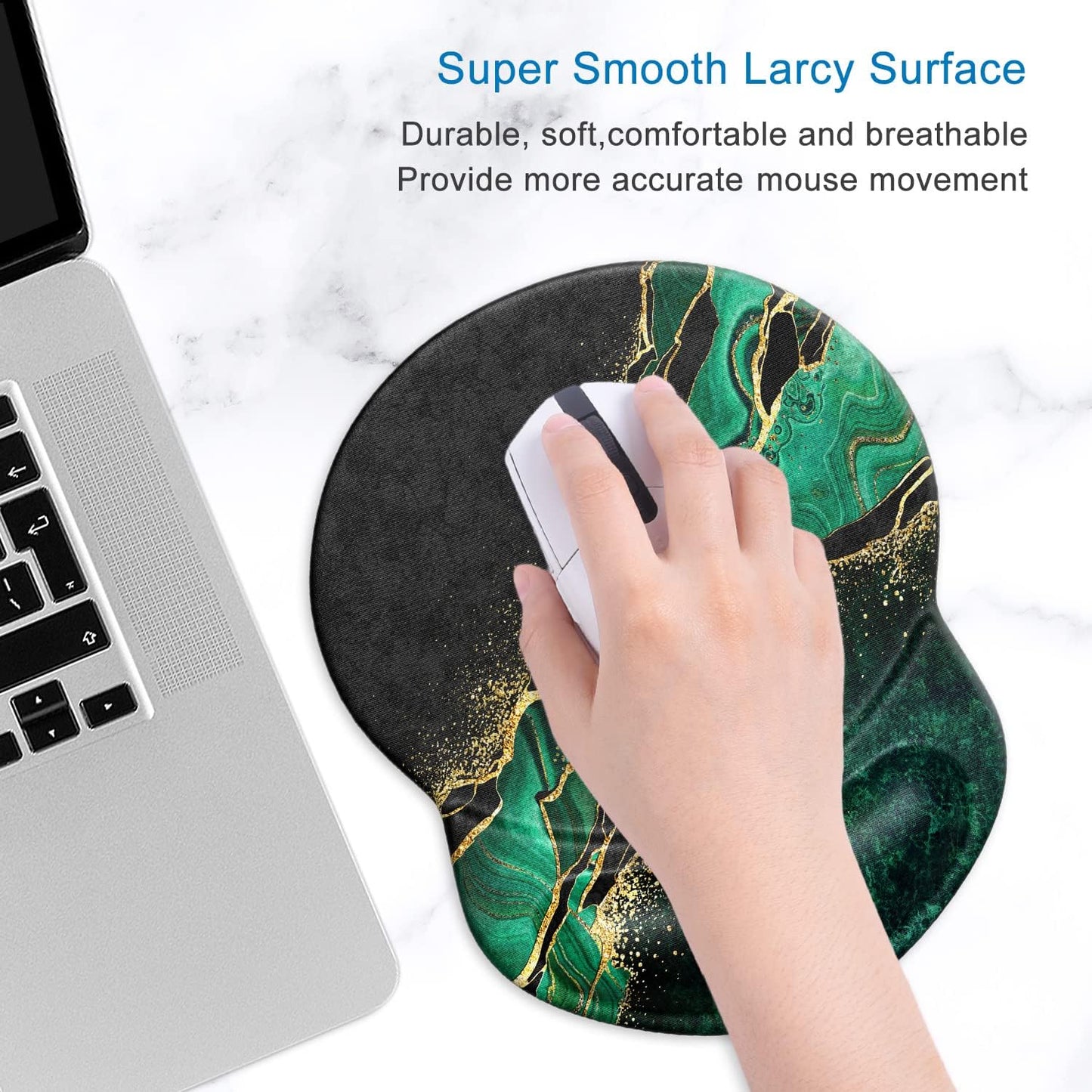 ITNRSIIET Ergonomic Mouse Pad with Gel Wrist Support Small Wrist Rest Smooth Surface Non-Slip PU Base Comfortable Office Supplies Pain Relief, 8.7 x 7.2 inches, Green Marble Gold