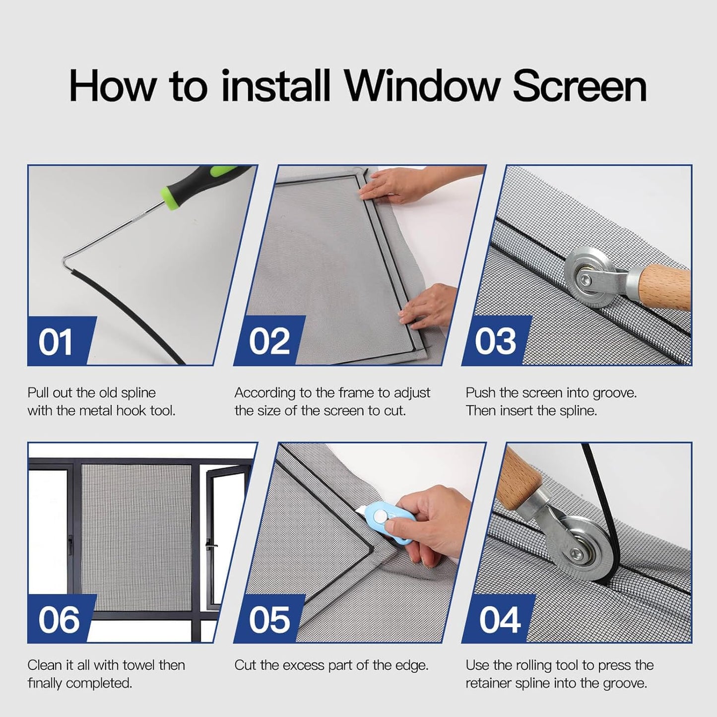 Window Screen Door Repair Kit Include Window Screens Mesh 48"x114" with All Tools in Window Screen Replacement(Screen Rollers, Splines, Hook), Yolovit