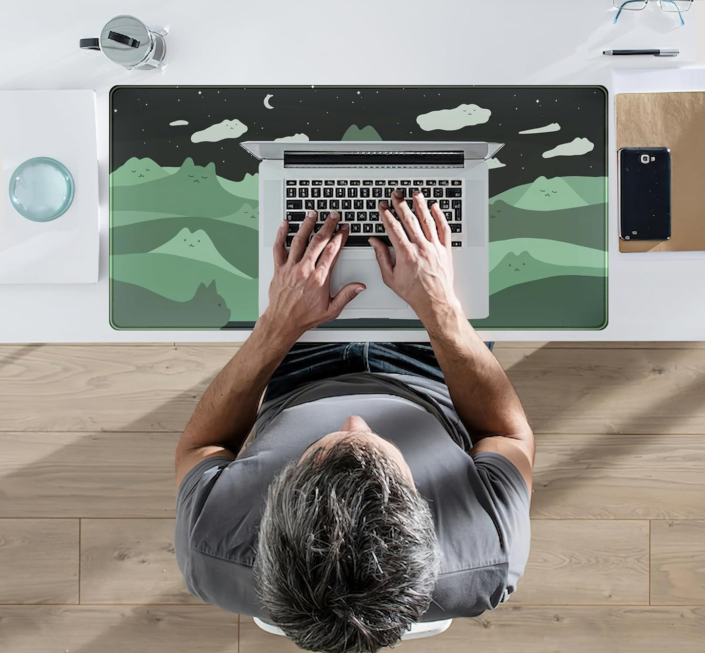 Anime Green Cats Mouse Pad Desk Pad Kawaii Cartoon Cat Desk Mat Cute, XXL Large Laptop Gaming Mousepad Keyboard Mouse Mat, Office Desk Decor matt for Women with Stitched Eges Pad, 31.5x15.75 in