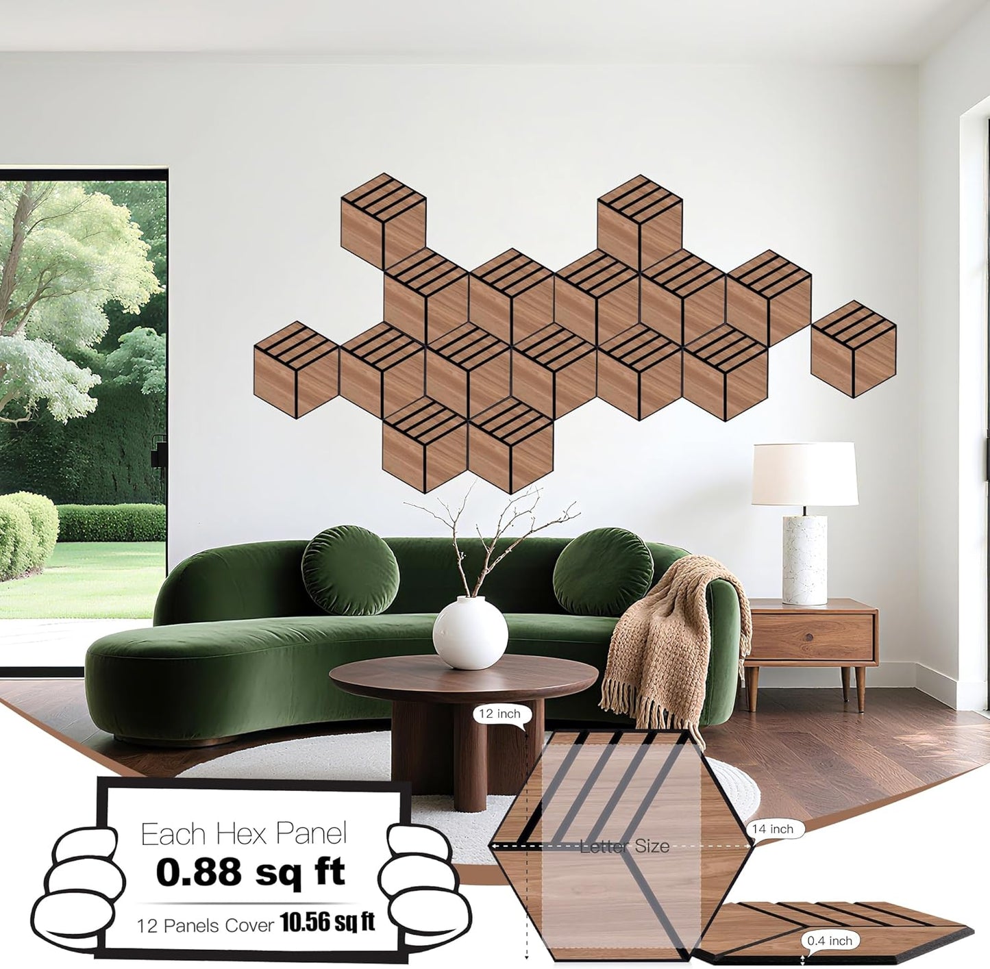 Mollywell Hexagon Acoustic Panels, Walnut S4, 14x12x0.4 Inch, 12 Pack |Wood Veneer|High Density Sound Proofing Wall Panels|Self Adhesive Sound Dampening Felt Wall Tiles|Home Theater|Gaming Room|