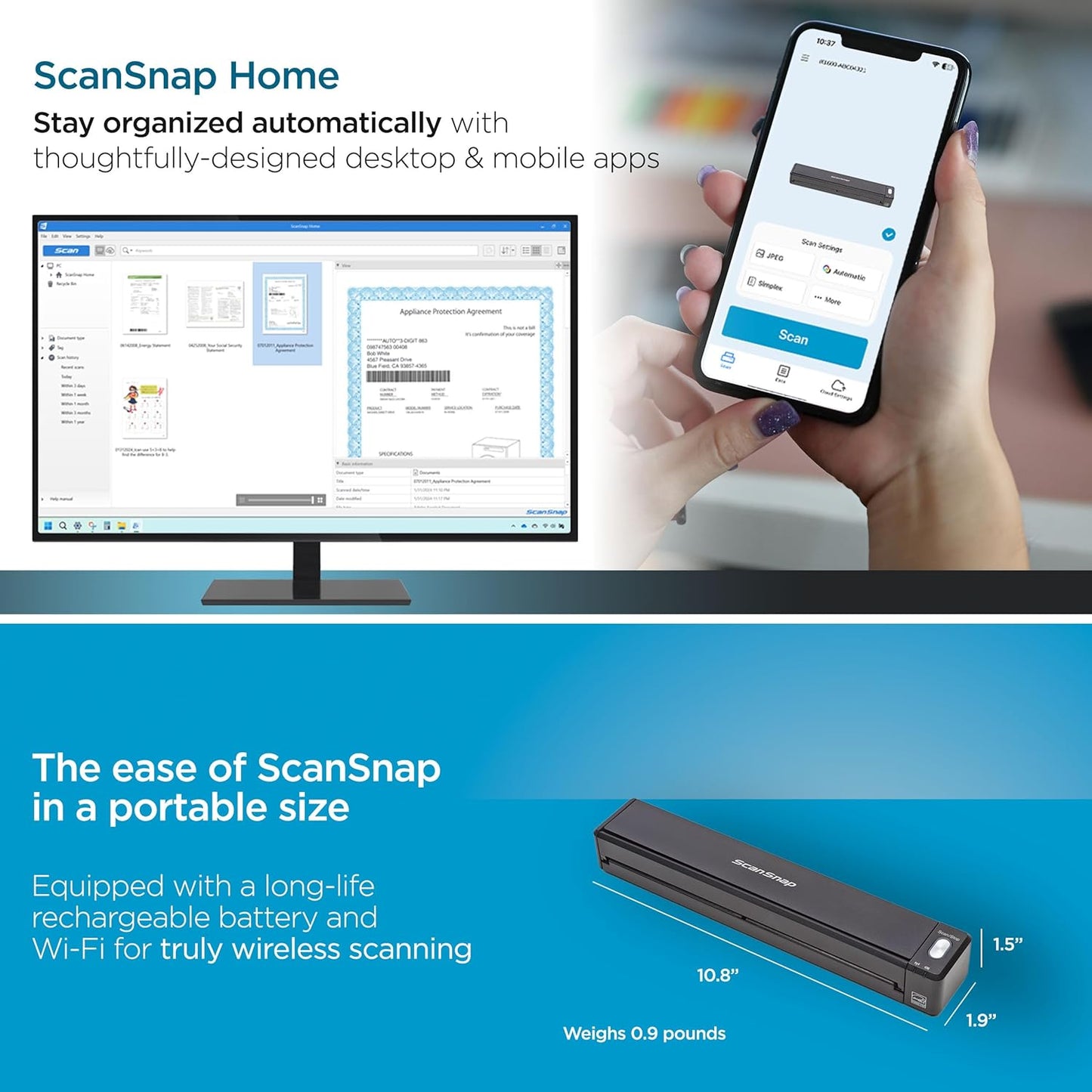 ScanSnap iX100 Wireless Mobile Portable Scanner for Mac or PC, Black