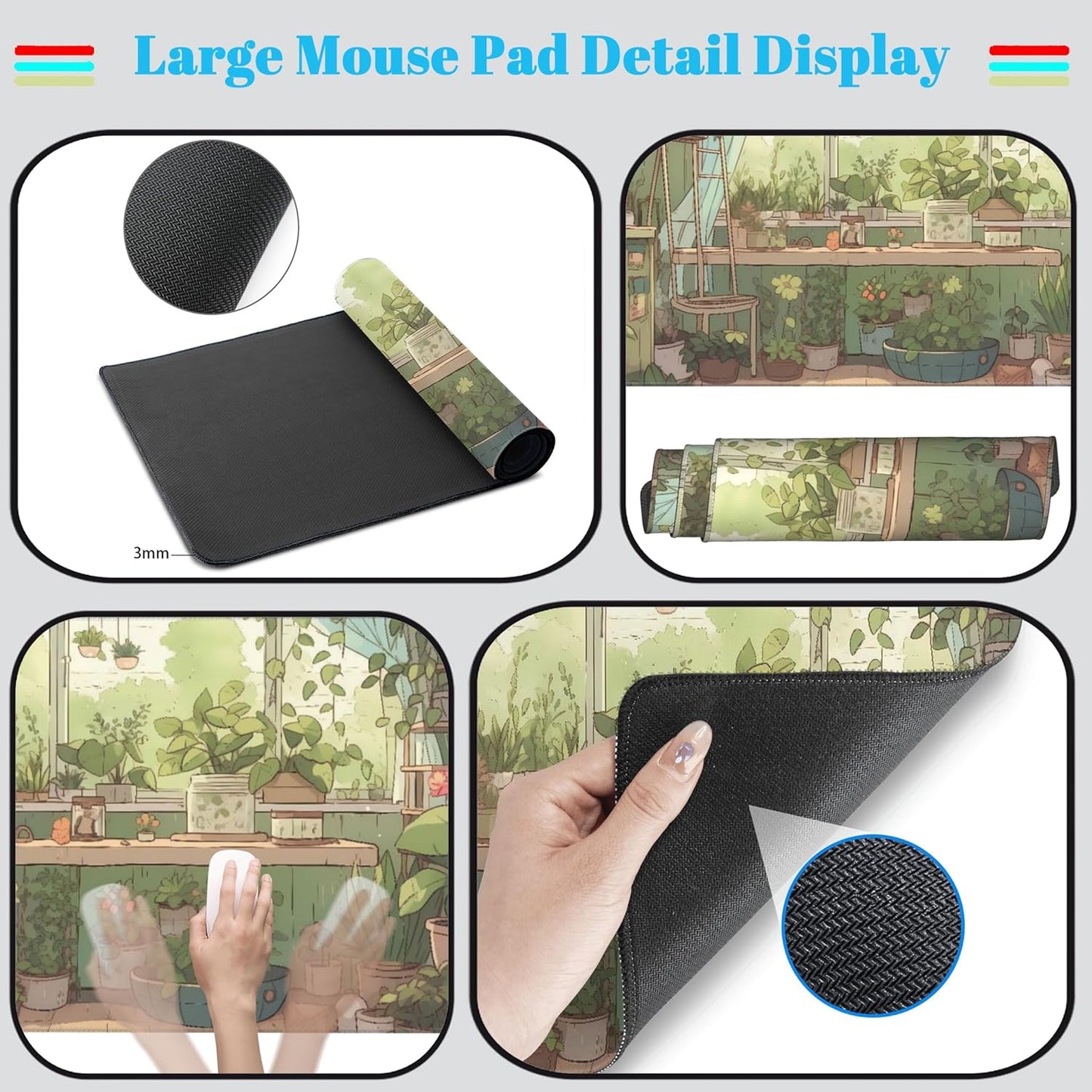 Cute Desk Mat Green Plants Gaming Mouse Pad XXL Large Extended Sage Laptop Keyboard and Mouse Mat with Stitched Edges, Computer Desktop Mat Playmat for Women Office Desk Decor Pad Mat 31.5x15.7 in