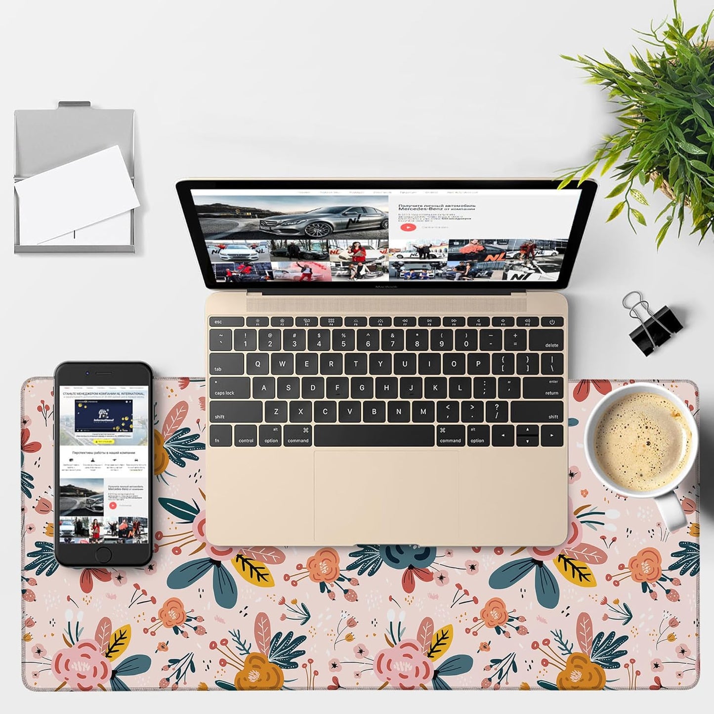 Gaming Desk Pad Large Extra Length Hand Drawn Floral Mouse Pad Keyboard Laptop Non-Slip Waterproof with Rubber Base Thick Stitched Edge Mouse Mat for Office Home 35.4 x 15.7 Inches