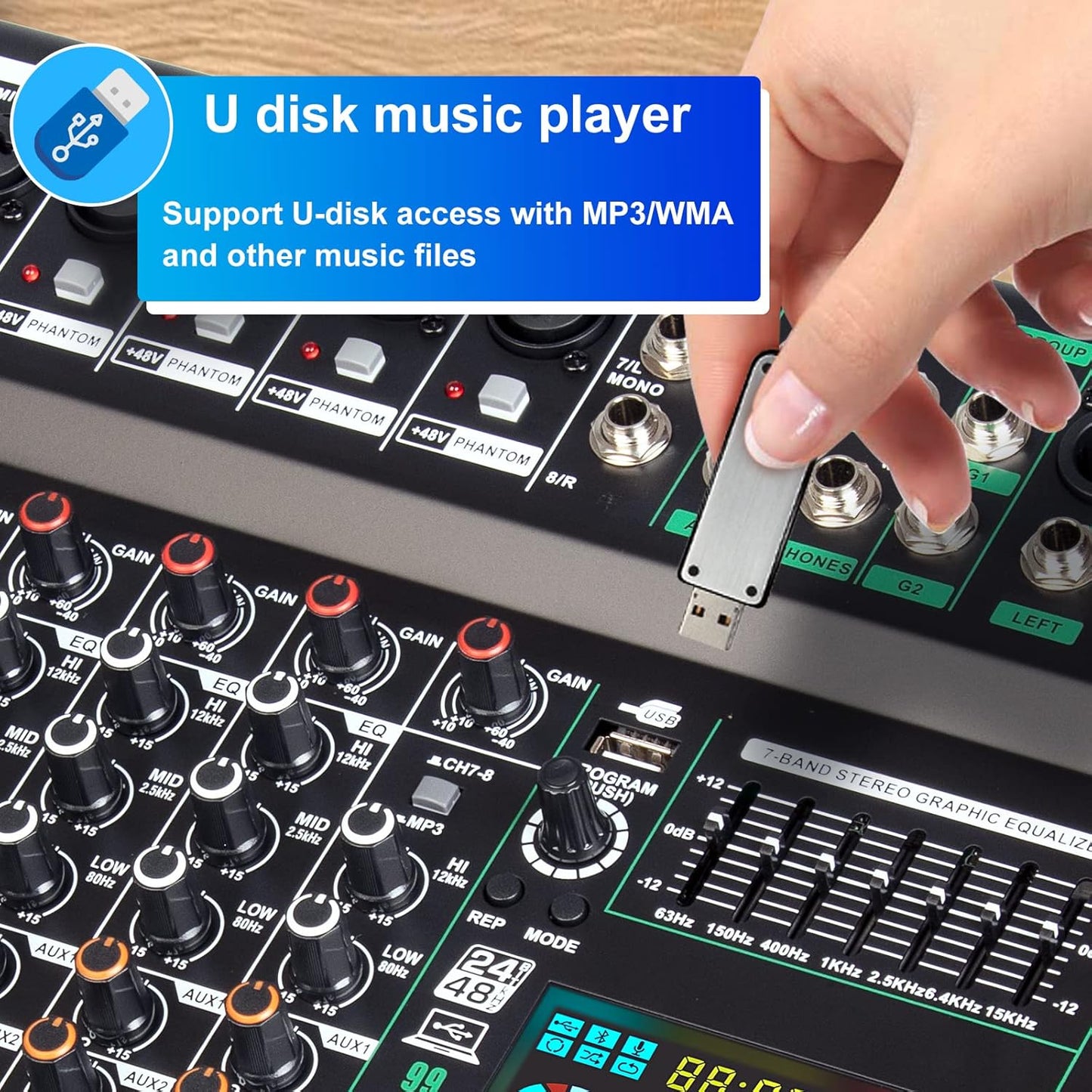 Depusheng TG8 professional dj audio mixer 8 channel input and dual group output with 99-bit dps reverb chip bluetooth usb recording and mp3 playback suitable for stage, bar, recording studio