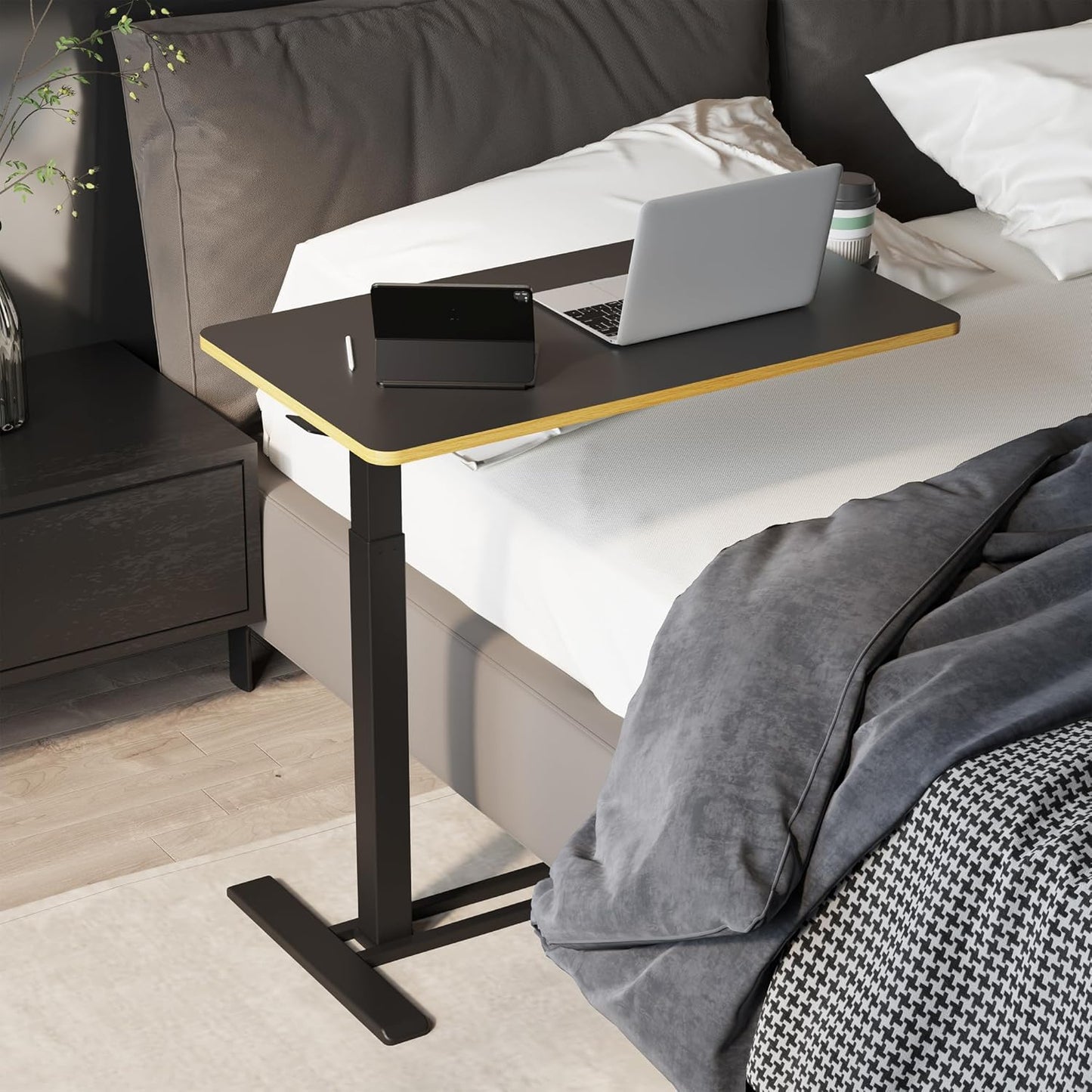 SANODESK Medical Adjustable Overbed Bedside Table with Hidden Casters, Pneumatic Mobile Laptop Computer Standing Desk Cart with Tray, Hospital and Home Use(31.5" W x 17.7" D, Black)