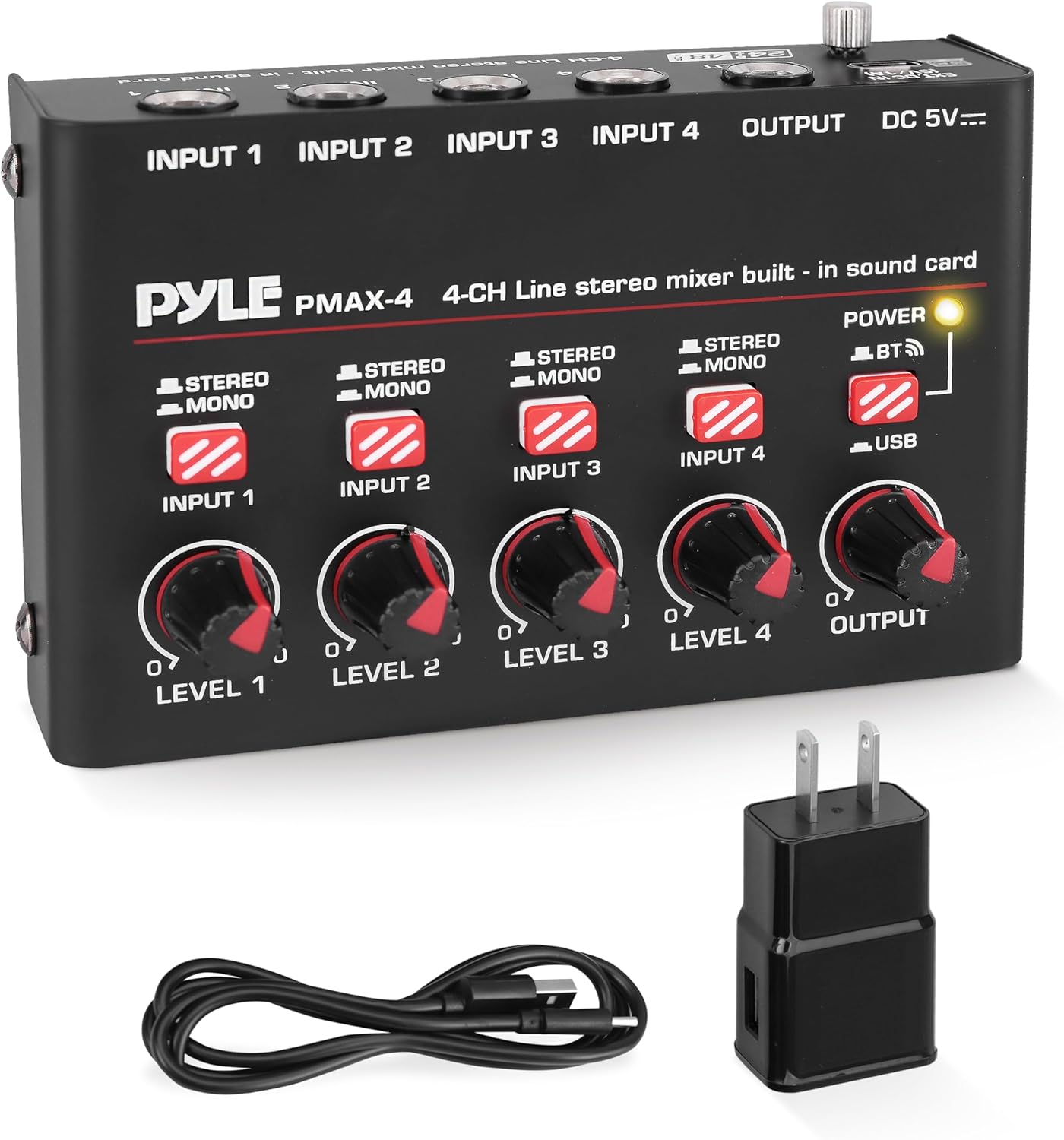 Pyle 4-Channel Wireless Bluetooth 5.0 Line Mixer - USB Audio Interface - 4 Mono/Stereo Inputs - Ultra-Low Noise - High Headroom - Built-in USB-C Sound Card - Compact Metal Chassis - PMAX4