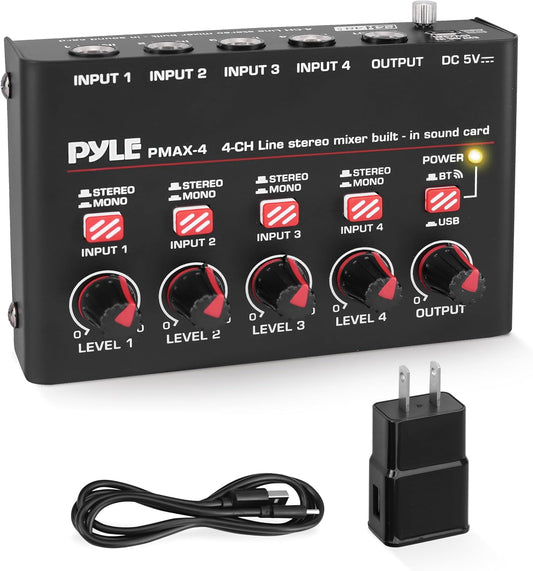 Pyle 4-Channel Wireless Bluetooth 5.0 Line Mixer - USB Audio Interface - 4 Mono/Stereo Inputs - Ultra-Low Noise - High Headroom - Built-in USB-C Sound Card - Compact Metal Chassis - PMAX4