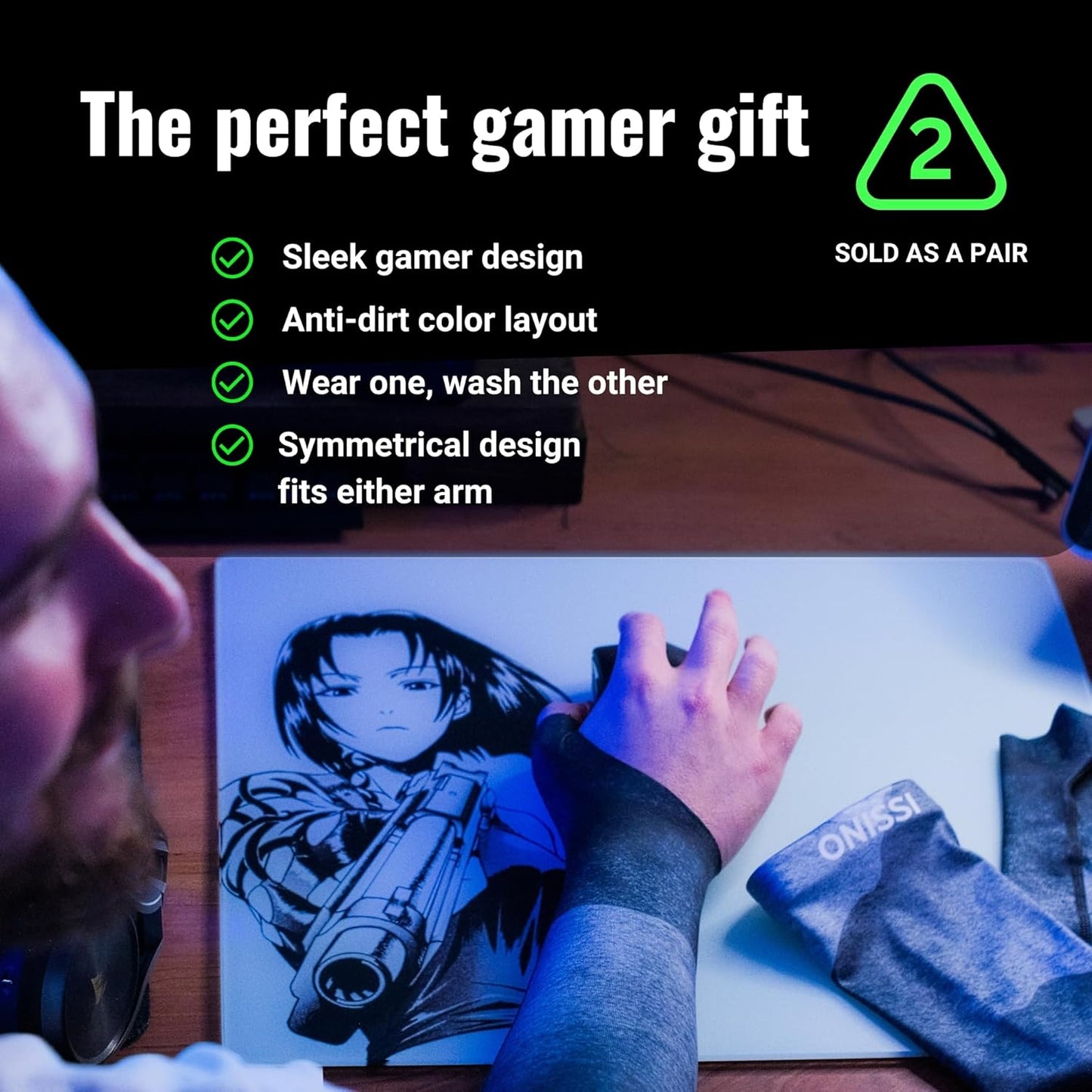 ONISSI Gaming Arm Sleeve for PC │Anti-Friction,Precision, Compression Gamer Sleeves for Mouse pad │Men or Women E-Sports Gift (Black Mountains, Medium)