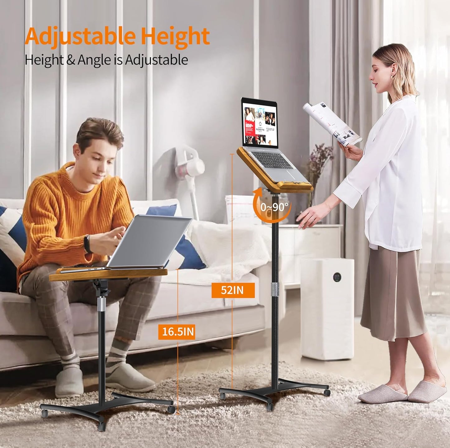 NAMON Rolling 2-in-1 Dual-use Floor & Desktop Book Stand, 100% Solid Wood, Height Adjustable from 16.5" to 51", with 4 Lockable Casters & Page Clip for Cookbooks, Sheet Music (with a T-Shaped)