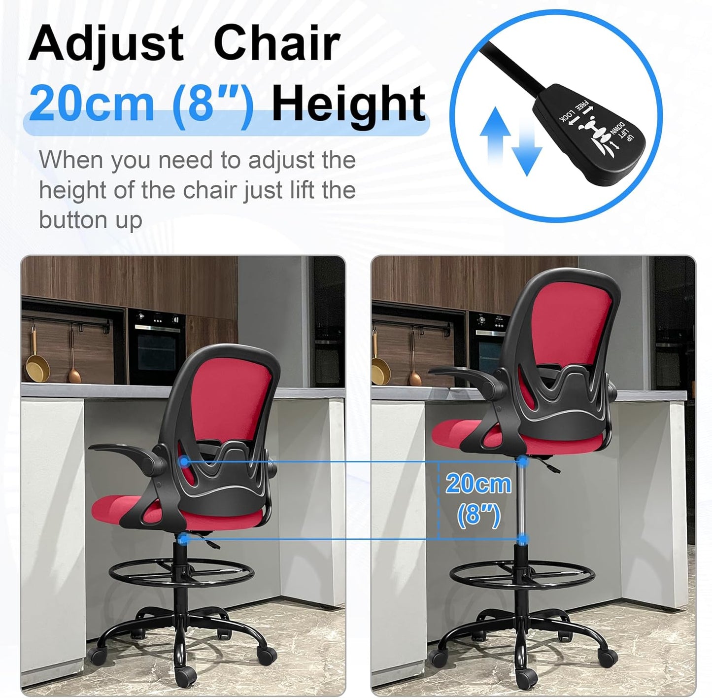 Primy Drafting Chair Tall Office Chair with Flip-up Armrests Executive Ergonomic Computer Standing Desk Chair with Lumbar Support and Adjustable Footrest Ring (Fire Brick)