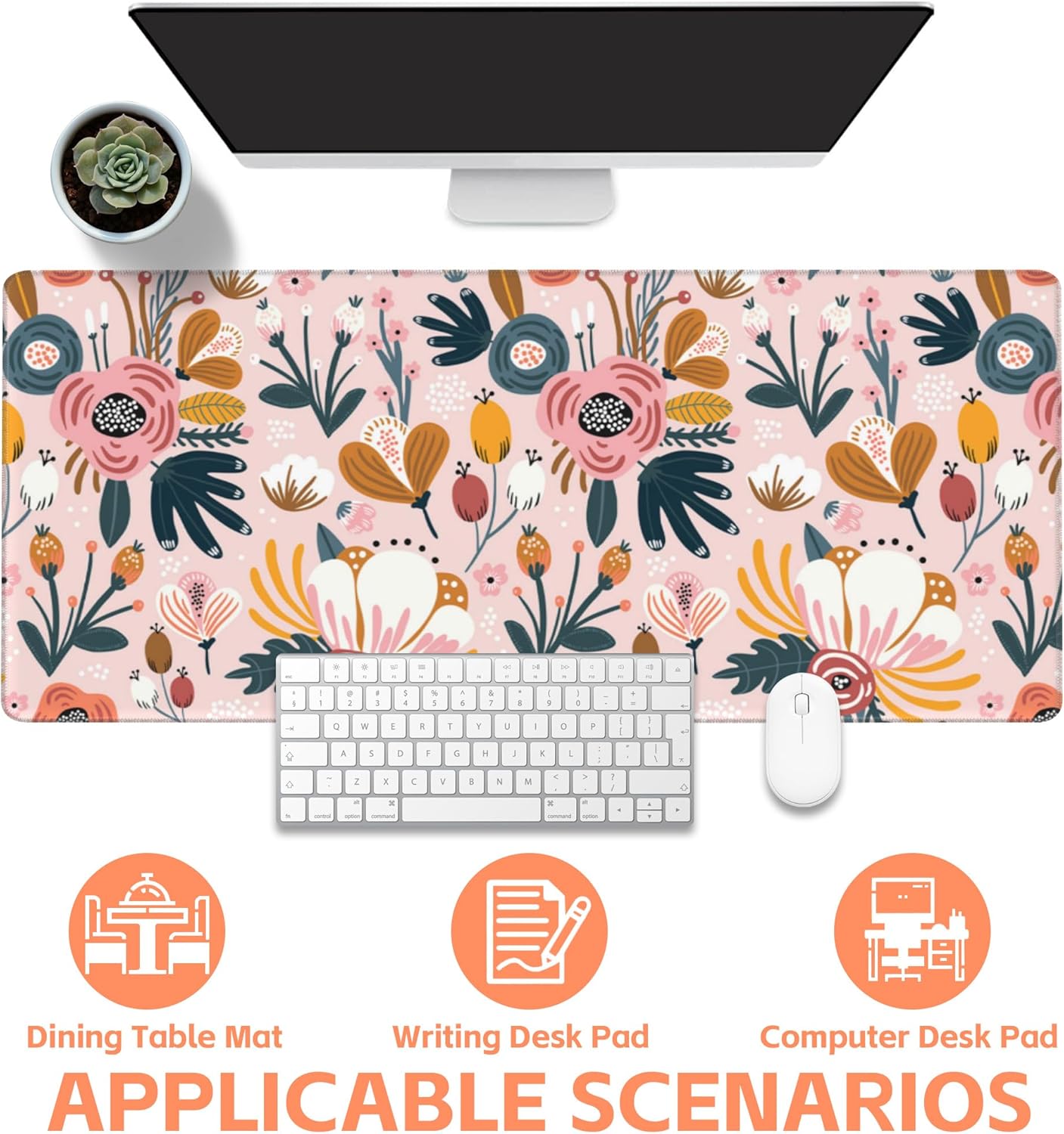 Mouse Pad Large Flowers and Leaves Non-Slip Game Desk Mat with Stitched Edge Laptop Keyboard Desk Pad for Work Home Gaming (35.4 x 15.7 Inches)