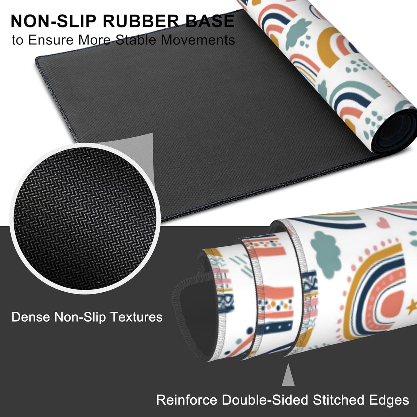 Mouse Pad, Large Boho Rainbow Desk Mat, Extended Non-Slip Gaming Keyboard Mousepad Desk Pad, Thick Stitched Edges Waterproof Mouse Mat 31.5"x15.7" (Scandi Rainbow and Stars Clouds)