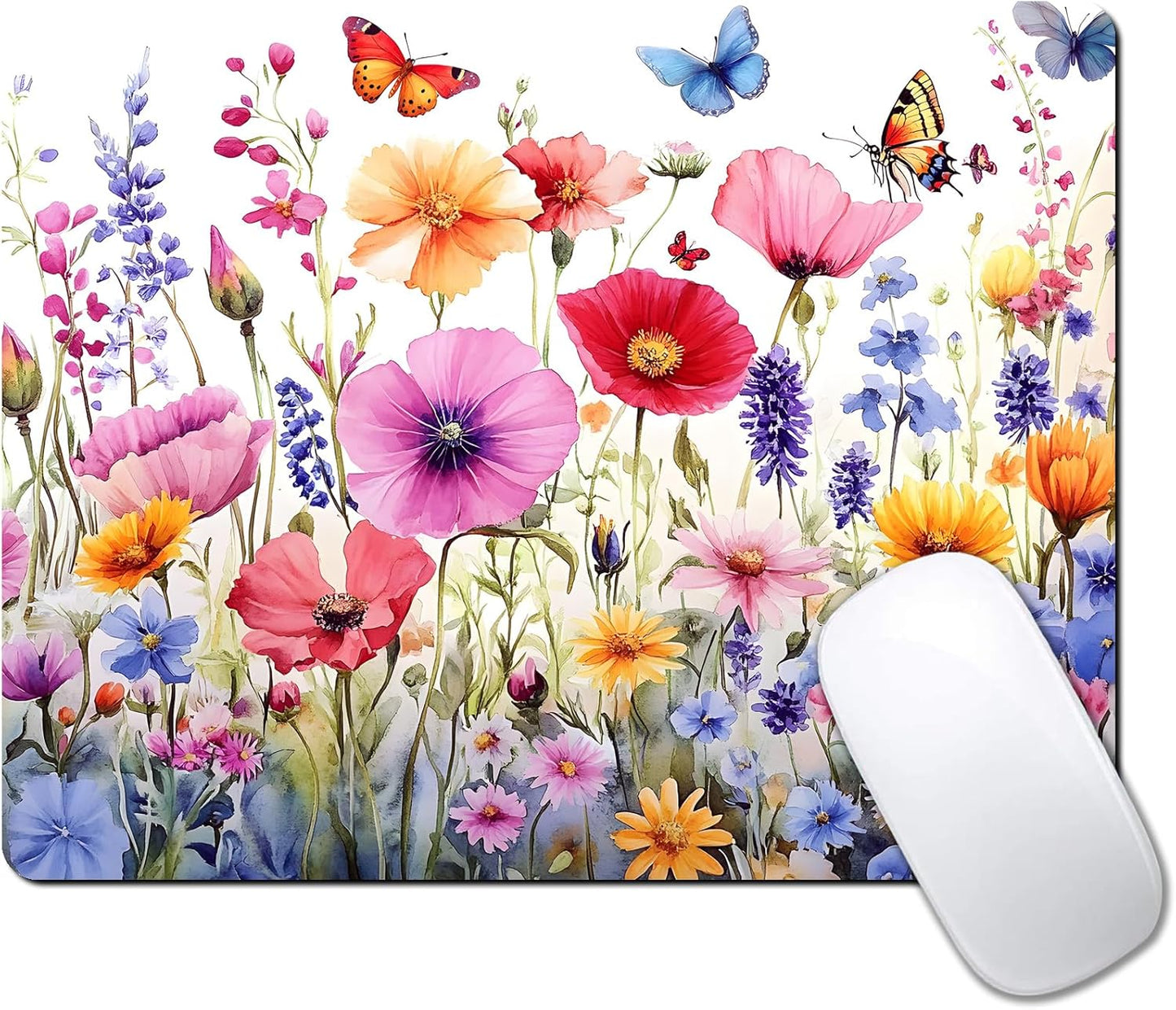 Colorful Wildflowers Floral Butterfly Custom Mouse Pad with Non-Slip Rubber, Small Square Design for Wireless Laptop & Computer Mouse Pads for Desk, 9.5 x 7.9 inch Smooth Surface for Gaming & Office