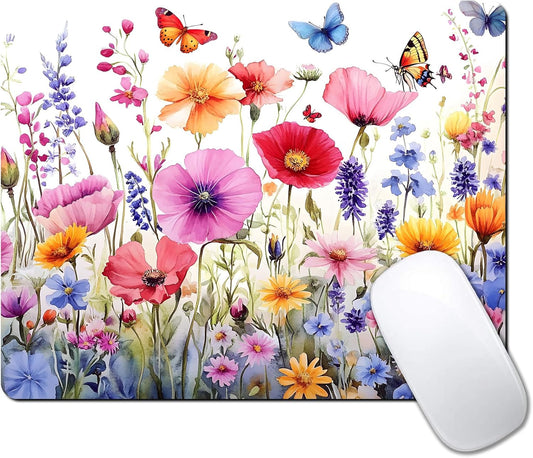 Colorful Wildflowers Floral Butterfly Custom Mouse Pad with Non-Slip Rubber, Small Square Design for Wireless Laptop & Computer Mouse Pads for Desk, 9.5 x 7.9 inch Smooth Surface for Gaming & Office