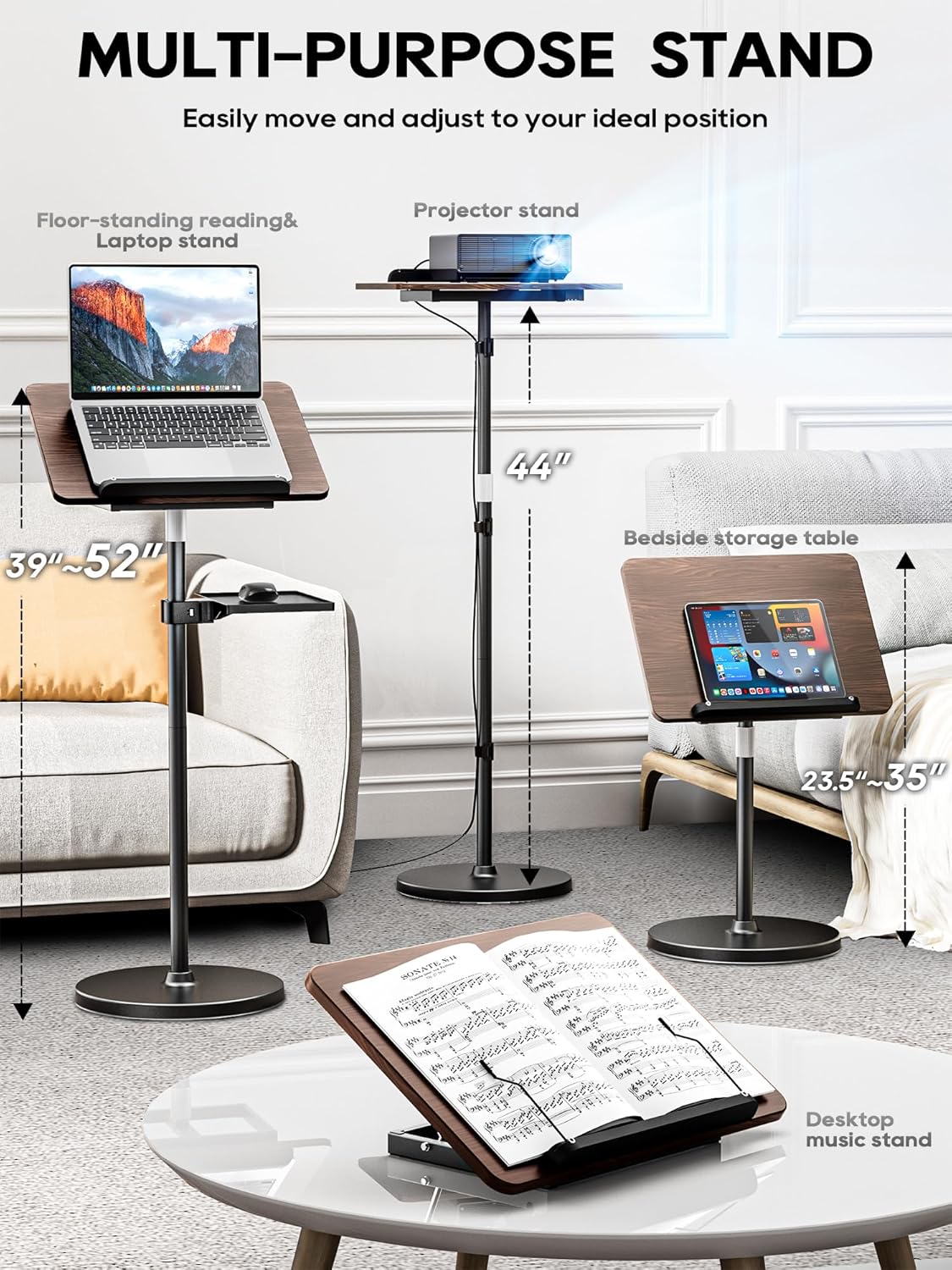 2 in 1 Adjustable Book Stand - Dual-Use Floor and Desktop Book Holder Stand, Height Adjustable 23.5-52 in, Elastic Page Clips for Music Sheet, Recipe, Tablet, Laptop-Black