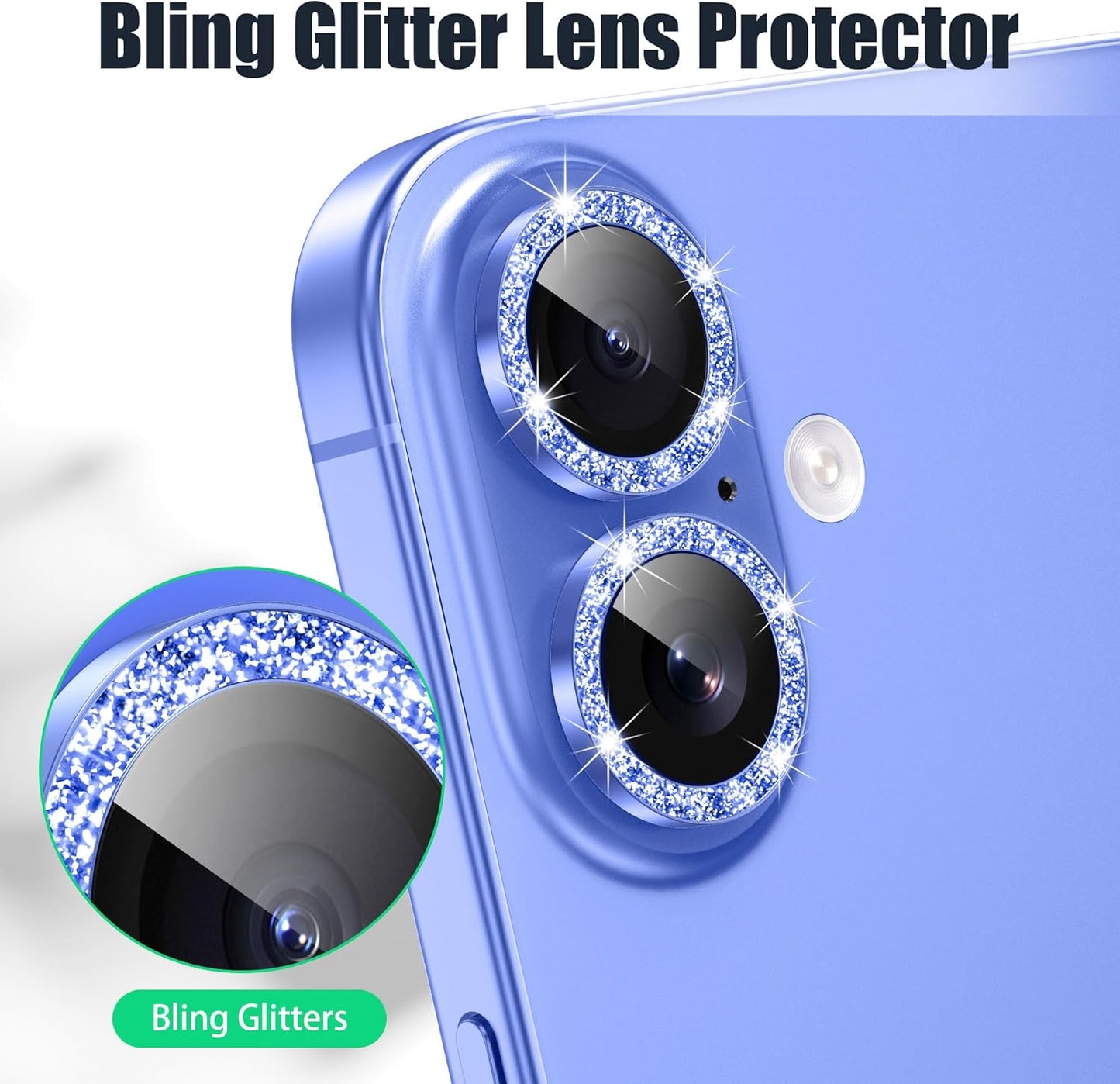 AGVEE 3+3 6 Pack for iPhone 16 6.1" / 16 Plus 6.7" Camera Lens Cover Protector, Bling Glitter & CD-Textured Metal Ring 9H Tempered HD Glass Camera Cover Protector Film, Glitter-Blue